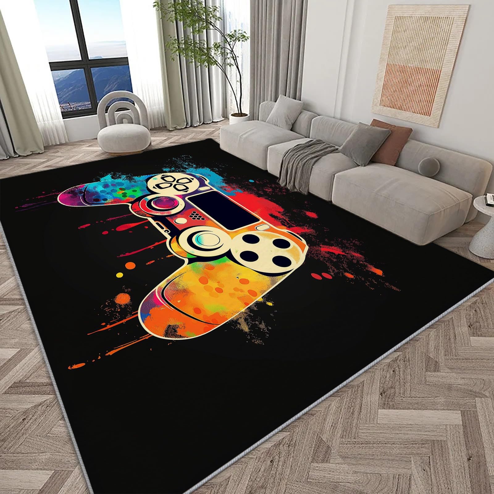Area Rugs Abstract Art Game Controller Rugs Living Room Non-Slip Short Pile Rug 160x230 cm, Black Soft Rectangle Rugs for Bedroom Home Decor Carpet Machine Washable Rug