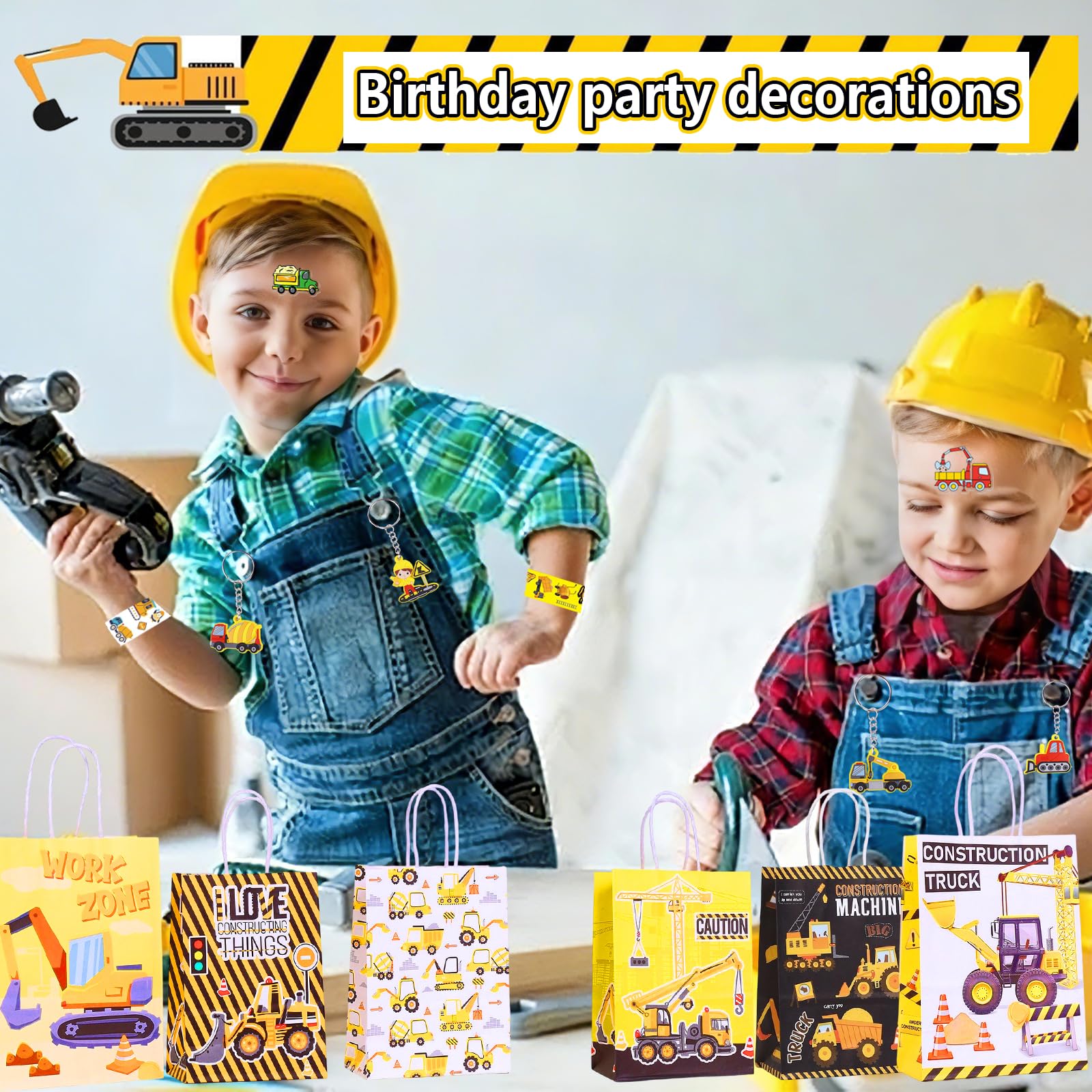 86 pezzi per cantiere, feste di compleanno, escavatore, accessori per feste di compleanno, 12 braccialetti Slap, 12 sacchetti regalo, 12 portachiavi, 50 adesivi per bambini, ragazzi e ragazze