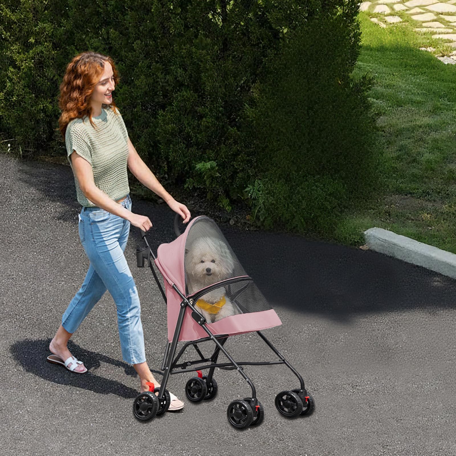 Passeggino per cani e gatti 2 in 1 pieghevole carrello per gatti cuccioli, guinzaglio di sicurezza, fino a 10 kg, leggero, pratico, rimovibile, con portabicchieri, 97 x 45 x 55 cm, rosa