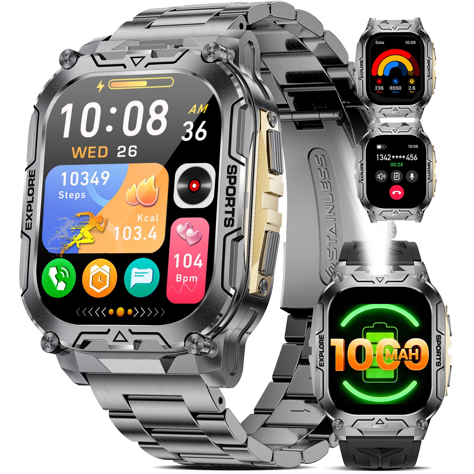 Smartwatch Herren Militär mit 1000mAh Akku/Telefonfunktion, 2.01" HD-Großes Display Fitnessuhr mit Herzfrequenz/Schlafmonitor/200+ Sportmodi, IP68 Wasserdicht Sportuhr für Android iOS, Schwarz-Gold