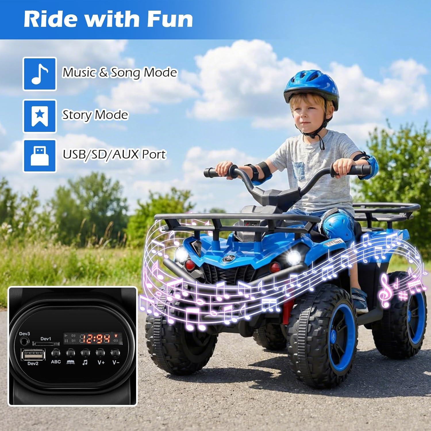 OLAKIDS 24V Kids ATV Quad with 5Mph Max Speed, Spring Suspension, LED Lights, Music & Story Player, Big Tires, 2 Storage Spaces, Ride On Car for Boys Girls Ages 3+ (24V, Blue)