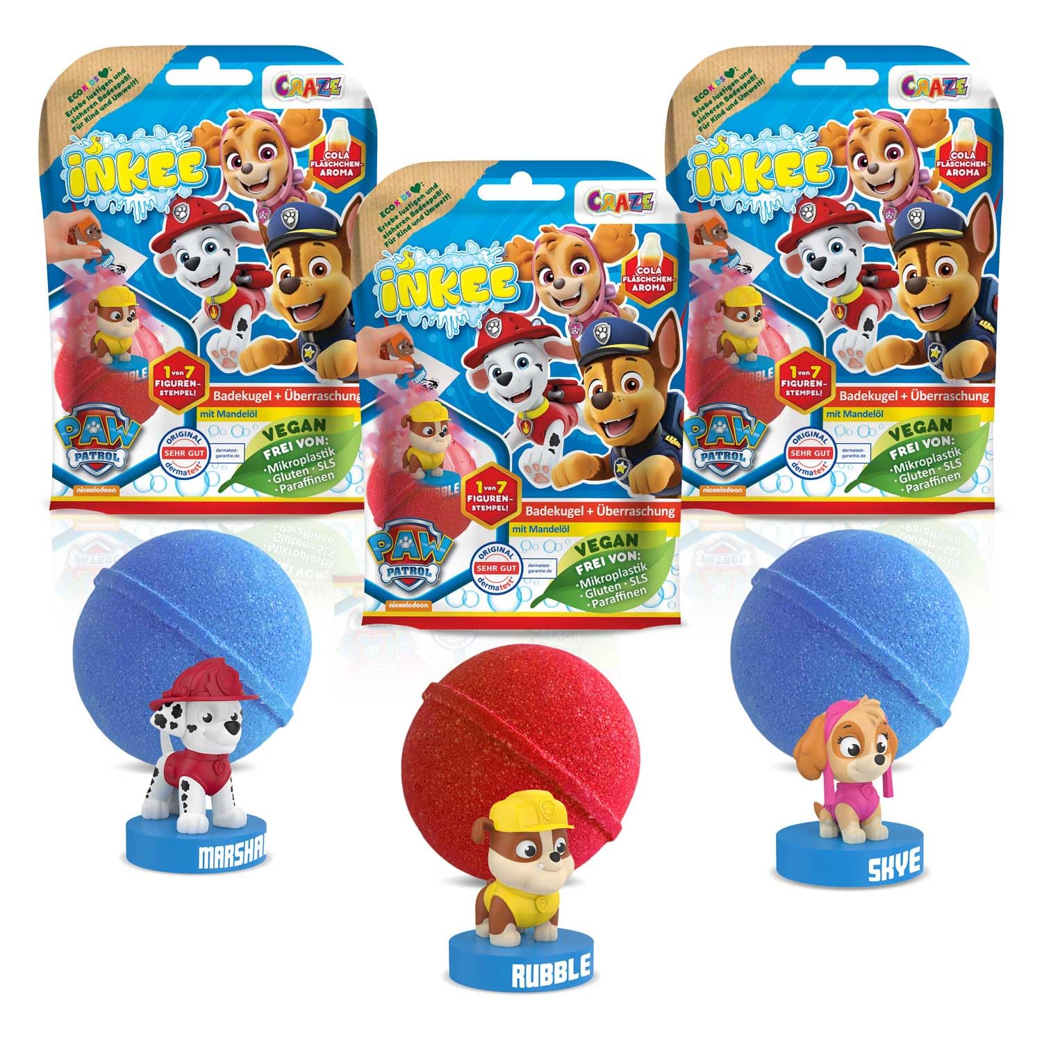 CRAZE INKEE PAT PATROUILLE | Pack de 3 Bombes de bain enfant, 3x Boules de bain avec jouet Pat patrouille à l'intérieur, arôme Cola, tésté dermatologiquement