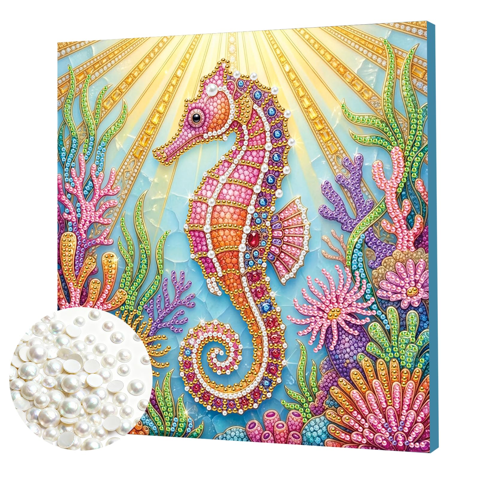 DIY Pearl Painting Kit with Wooden Frame, 3D Plastic Pearl Art Diamond Art Kits for Adults, Ready-to-Hang Home Decor, Gift for Women Beginners(Seahorse)(25 * 25cm)