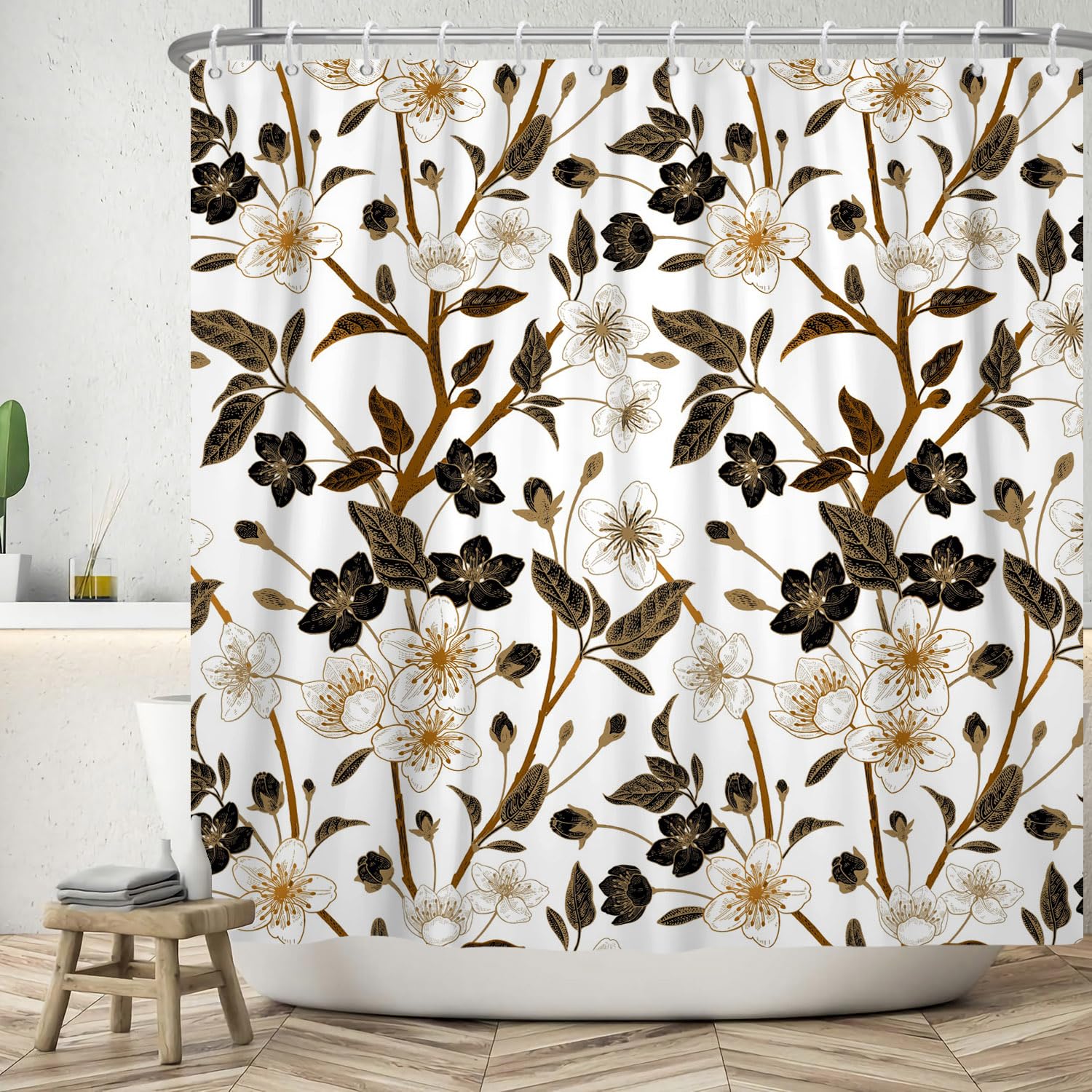 ASDCXZ Flower Shower Curtain 150x180 cm, Spring Black Golg White Flower Leaves Bath Washable Shower Curtains Polyester Textile Waterproof Bath Curtain for Bathtub with 10 Hooks — image 1