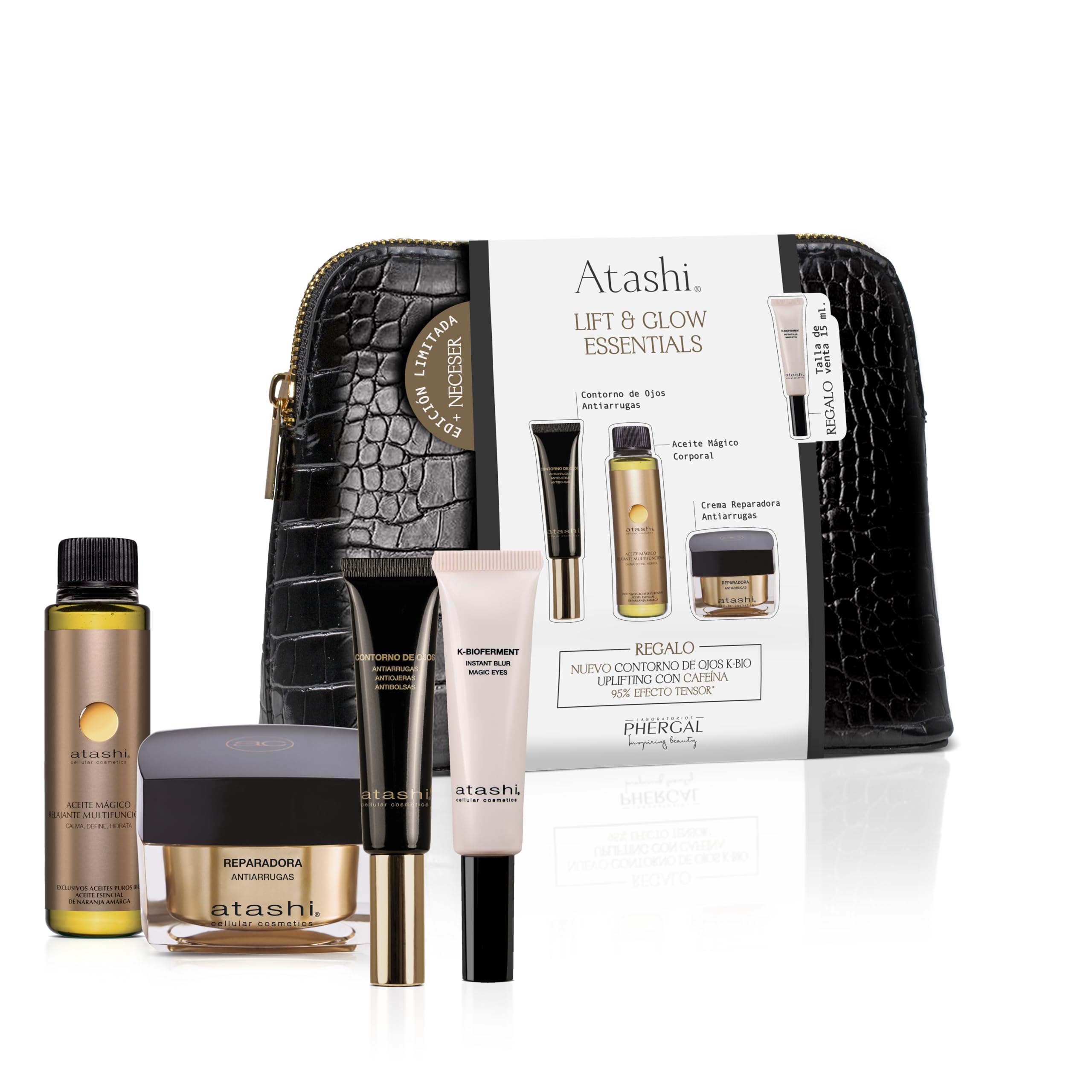 Atashi Lift & Glow Essentials | Przeciwzmarszczkowy kontur oczu + krem regenerujący + magiczny olejek do ciała + K‑Bioferment Magic Eyes, rozjaśniająca i ujędrniająca kosmetyczka