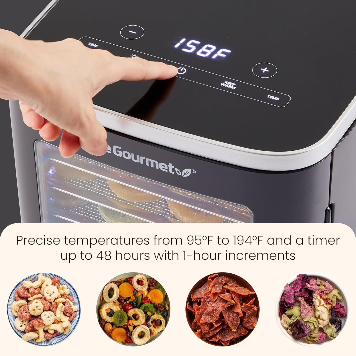 Close-up of the Elite Gourmet EFD809D digital control panel, showing a finger pressing the temperature adjustment button.