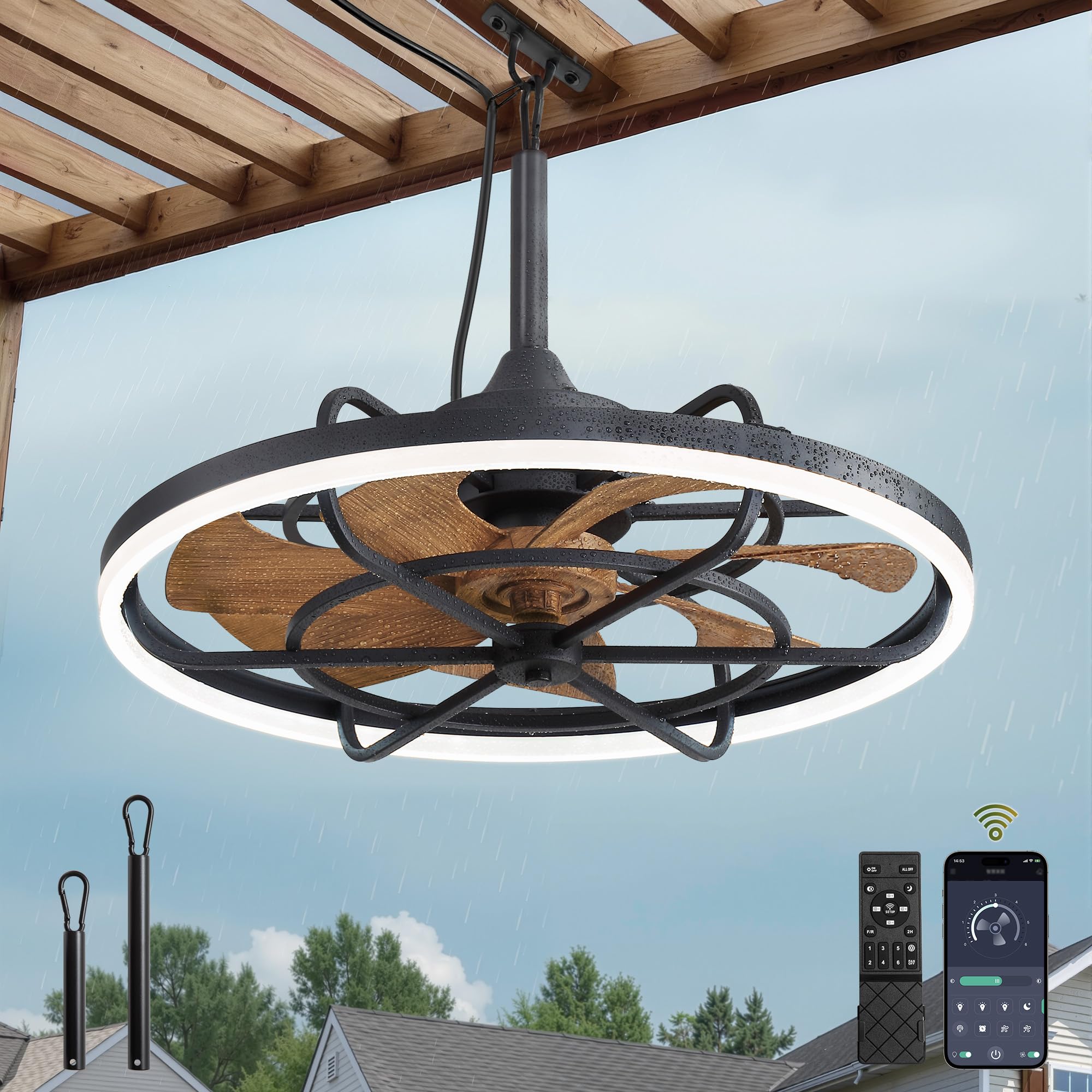 Fanbulous Outdoor Ceiling Fans with Light for Patios, 24" Weatherproof Plug in Ceiling Fan, Gazebo Fan Remote&APP Control, 3CCT Dimmable, Caged Ceiling Fan with Hanging Hook for Porch, Pergola, Canopy