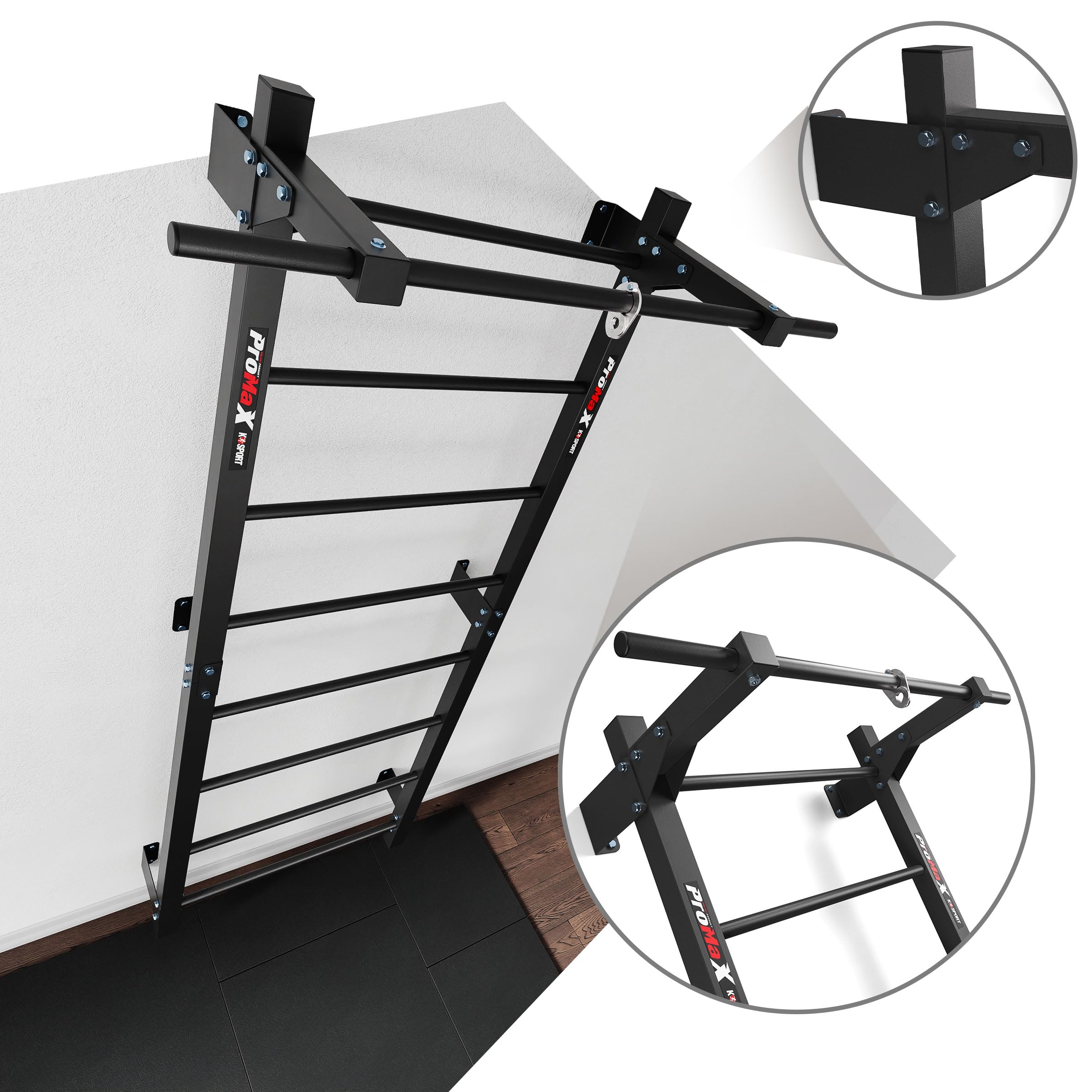 K-Sport: Pared de escalada con 8 peldaños, soporta hasta 250 kg, pared con barra de dominadas, pared de escalada de metal para montaje en pared para adultos y niños, incluye libro electrónico (idioma