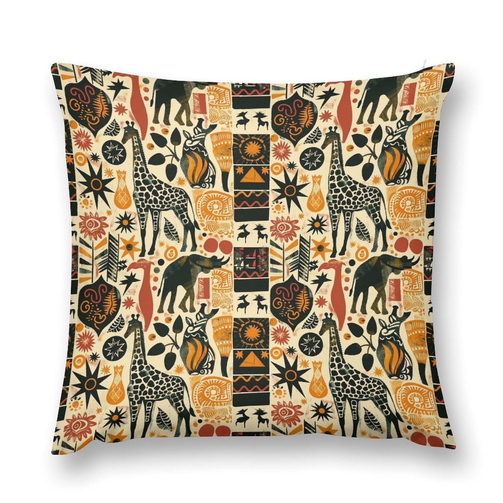 moderw African Tribal Ethnic Throw Pillow Cover, Vintage Abstract Africa Animals Giraffe Elephants Couch Cushion Case Boho Geometric Traditional Sofa Pillowcases Decor for Home Bed 18x18inch