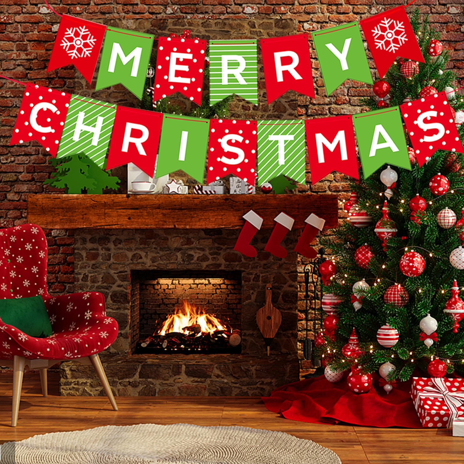 Merry Christmas Banner - Premium Heavyweight Paper Holiday Sign with String & Threading Needle for Indoor Fireplace, Wall, Windows | Traditional