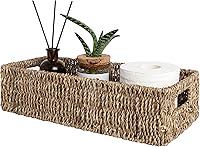 StorageWorks Seagrass Toilet Tank Basket with Handles - Natural Woven Organizer for TP Rolls, Toiletries, 14¼"L x 6½"W x 3¾"H