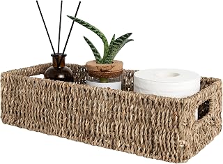 StorageWorks Seagrass Toilet Tank Basket with Handles - Natural Woven Organizer for TP Rolls, Toiletries, 14¼"L x 6½"W x 3¾"H