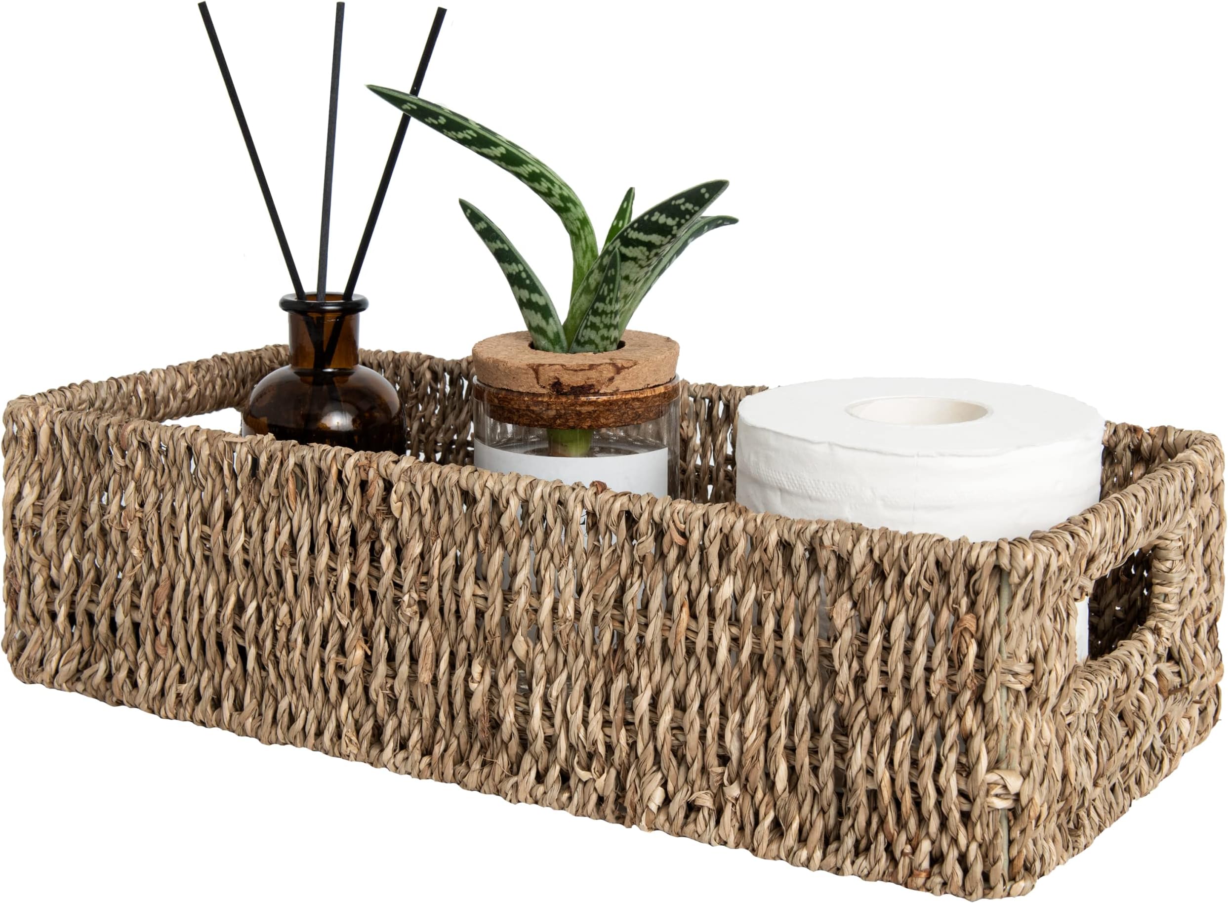 - StorageWorks Seagrass Baskets with Built-in Handles, Bathroom Decor Box for Toilet Tank Top, 14 ¼"L x 6 ½"W x 3 ¾"H