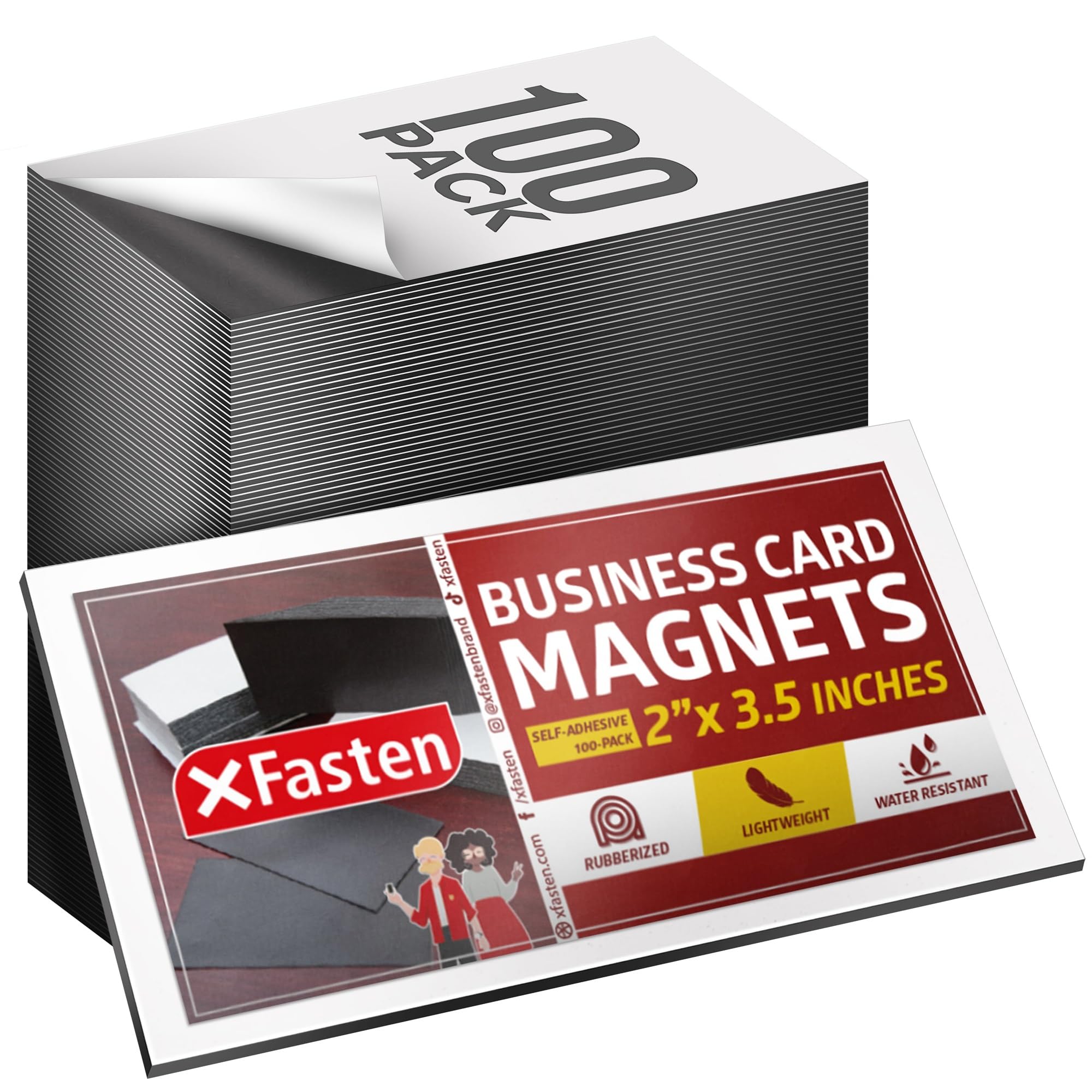 XFasten Self Adhesive Business Card Magnets, Pack of 100, Weatherproof Peel and Stick Magnetic Business Cards