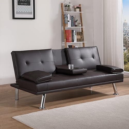 TMEOSK Sofá cama plegable tapizado de piel sintética moderno y convertible con 2 soportes para tazas sofá cama ajustable con reposabrazos extraíbles