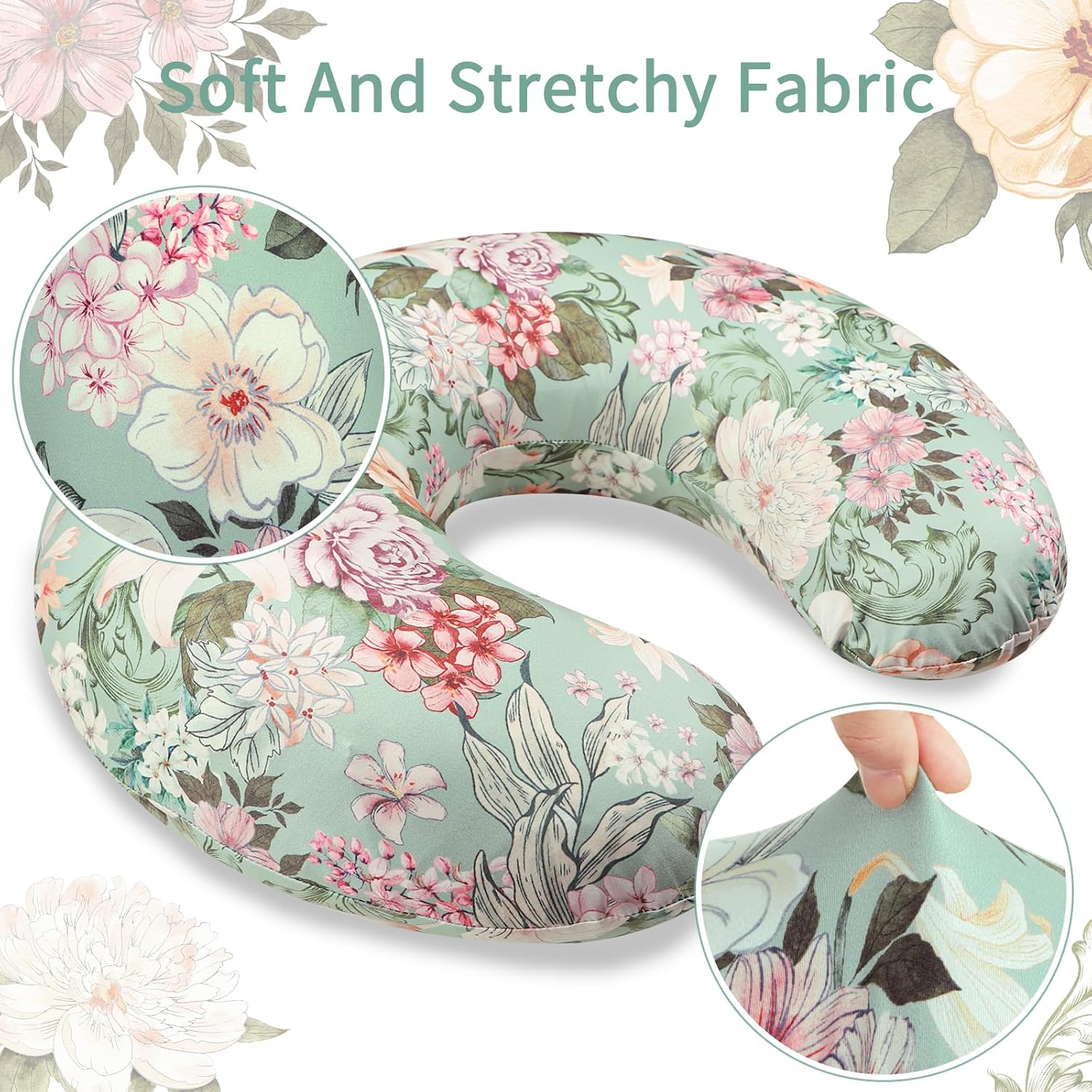 Nursing Pillow Cover for Baby Girls Boys, Green Breastfeeding Pillow Cover, Stretchy Removable Feeding Pillow Case for Newborns, Ultra Soft and Comfortable Nursing Pillow Slipcover, Floral - Image 2