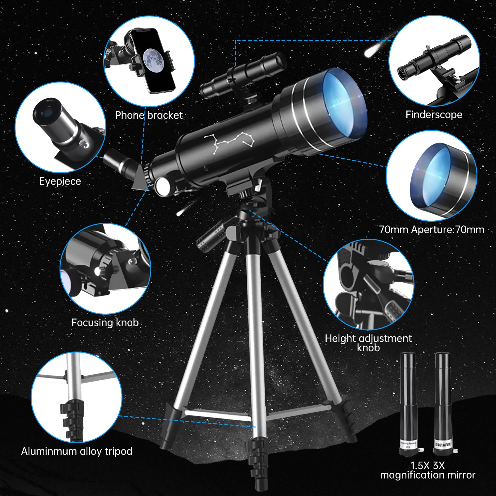 Telescopio Astronómicos Niños Adultos, Telescopio Portátil de Viaje Profesional 70mm de Apertura/400mm, 200x, con Trípode, Adaptador Teléfono, Bolsa para Principiantes Observación Terrestre Lunar Sol