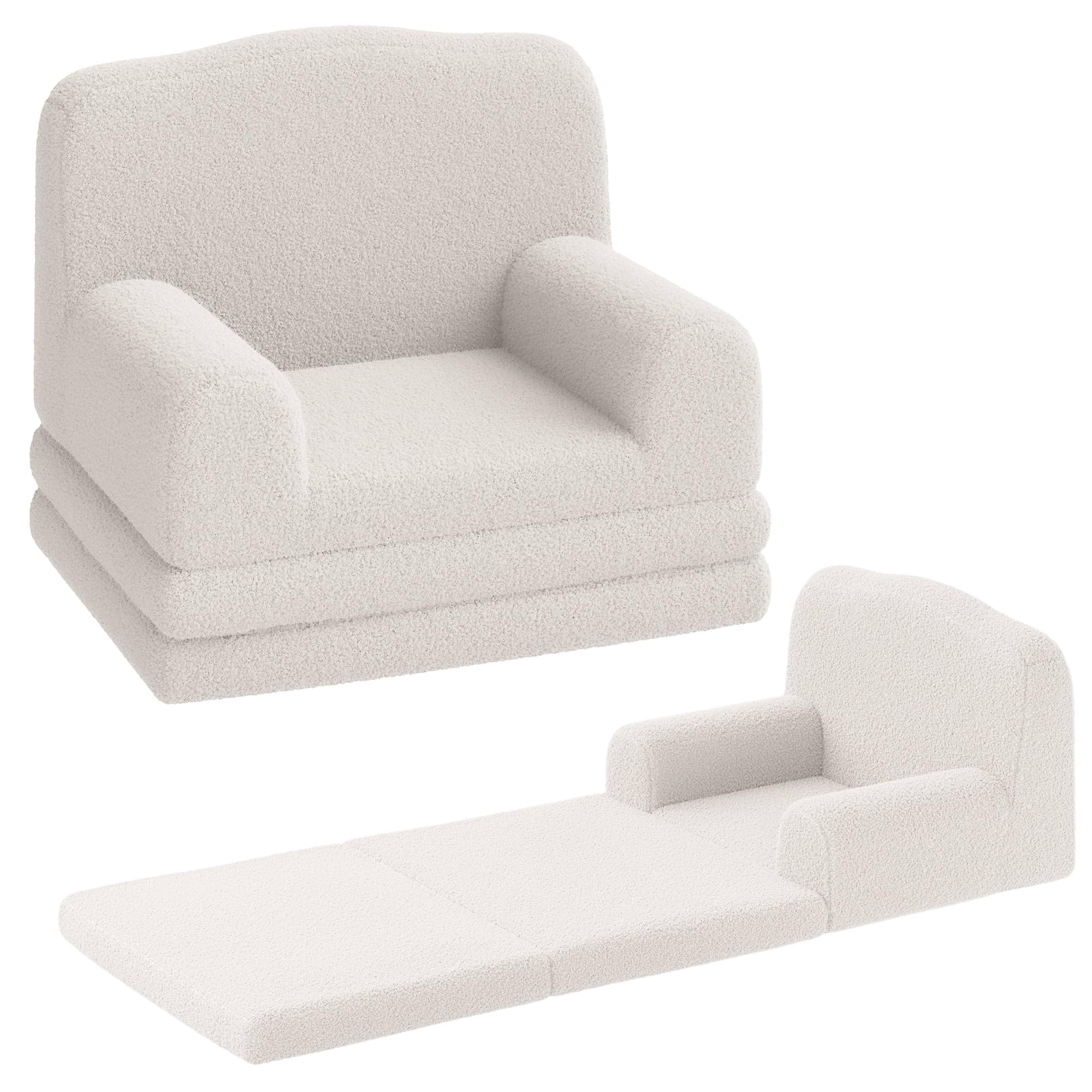 Kindersofa Ausklappbar Kindersessel, 2-in-1 Klappsofa & Bett Für Kleinkinder, Faltbares Sofa Mit Abnehmbarem Teddy-Fleece Bezug, Für Kuschelecke Und Kinderzimmer, Geschenk Für Jungen Und Mädchen, Weiß