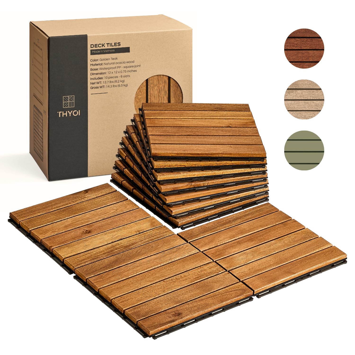 10 Pcs Premium Deck Tiles, Interlocking Deck Tile, Wooden Patio Flooring Outdoor Waterproof, Acacia Wood Decking All Weather for Balcony, Indoor and Outdoor Use (Golden Teak, Normal Base)