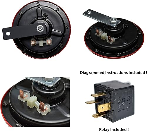 Miniatura 6 de Velocity Dual Super Tone Loud Blast 139Db Universal Euro Red Cuernos Redondos Alto Bajo Tono Twin Horn Kit Par Compacto Muy Fuerte Compatible con