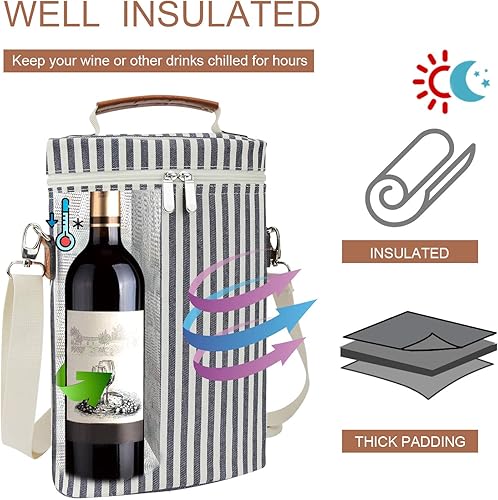 Miniatura 2 de Bolsa para vinos con aislamiento, para 2 botellas, bolsa de viaje acojinada, con correa para el hombro y sacacorchos, regalo perfecto para los