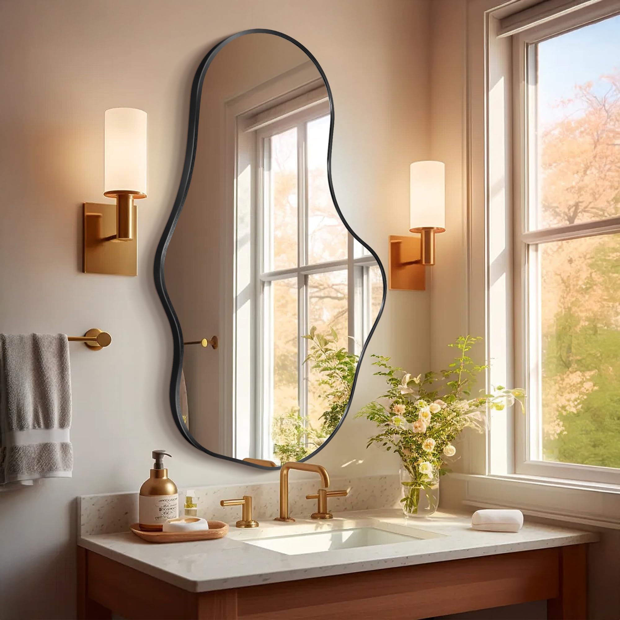 Fahomiss Unregelmäßiger Wavy Wandspiegel, Abstrakter Spiegel mit Aluminiumlegierung Rahmen in Luftfahrtqualität für Badezimmer, Schlafzimmer & Flur