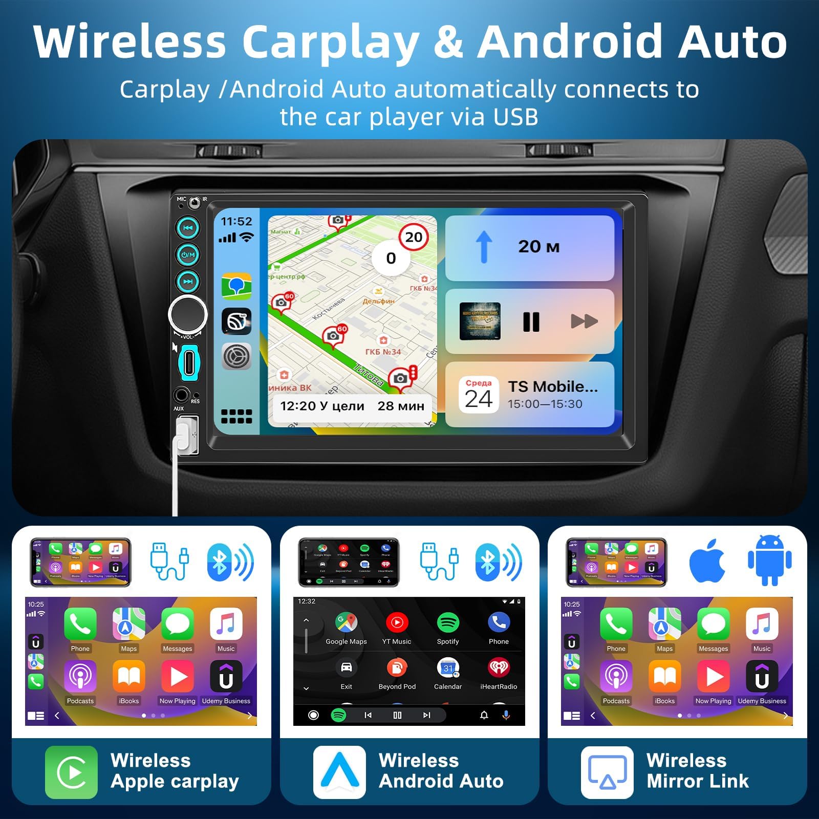 Autoradio 2 DIN Bluetooth avec CarPlay & Android Auto sans Fil, Double Din 7 Pouces HD Écran Tactile, FM Radio, Miroir Link, Caméra de Recul, EQ, Type-C, USB, SWC, Navigation GPS, Contrôle Vocal