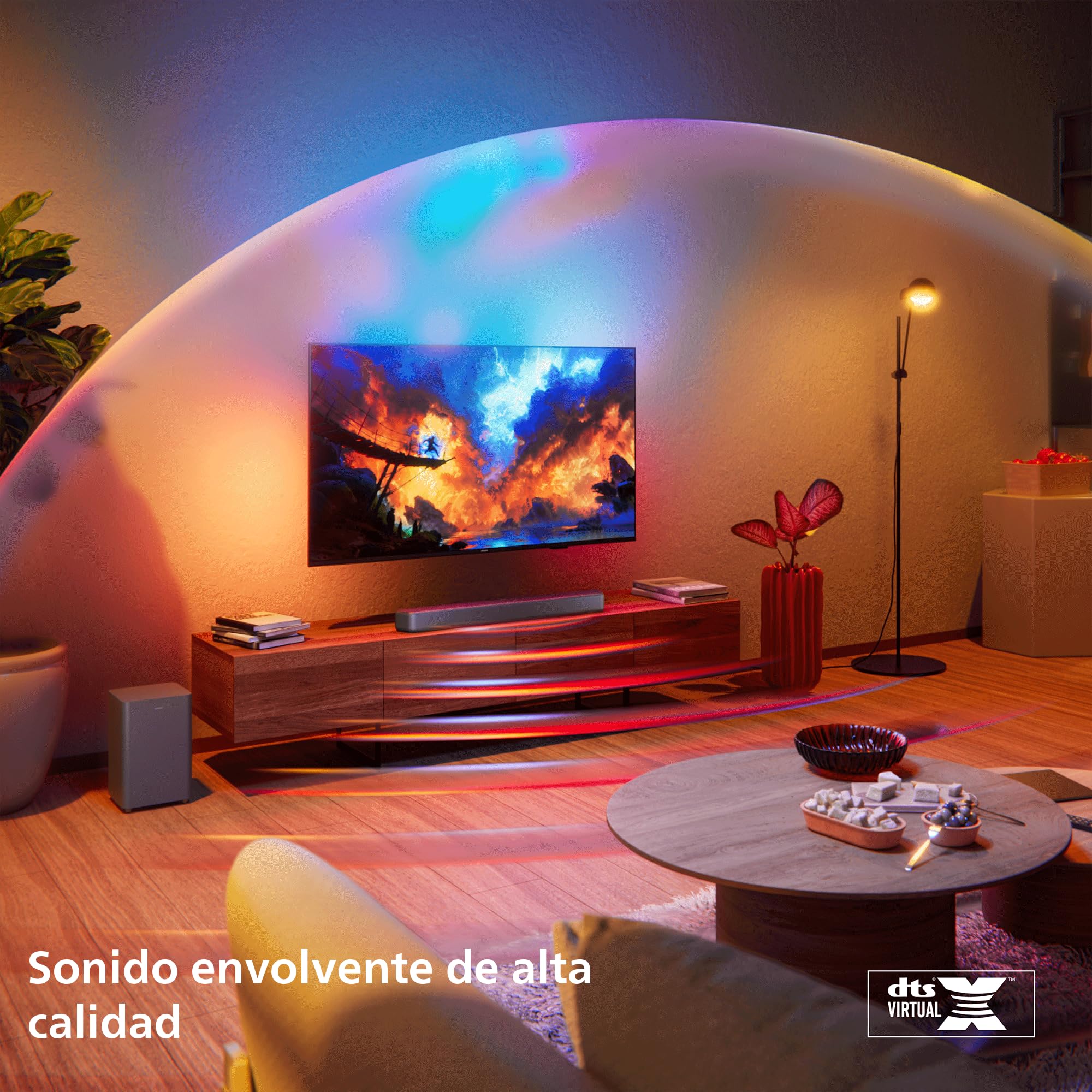 PHILIPS TAB5601 2.1 Barra Sonido con Subwoofer inal., Salida máx. 290W, Dolby Digital Plus, DTS Virtual:X, Sonido IA Intellisound, Bluetooth LE 5.4, HDMI ARC, Entradas ópticas y USB – Gris Metalizado
