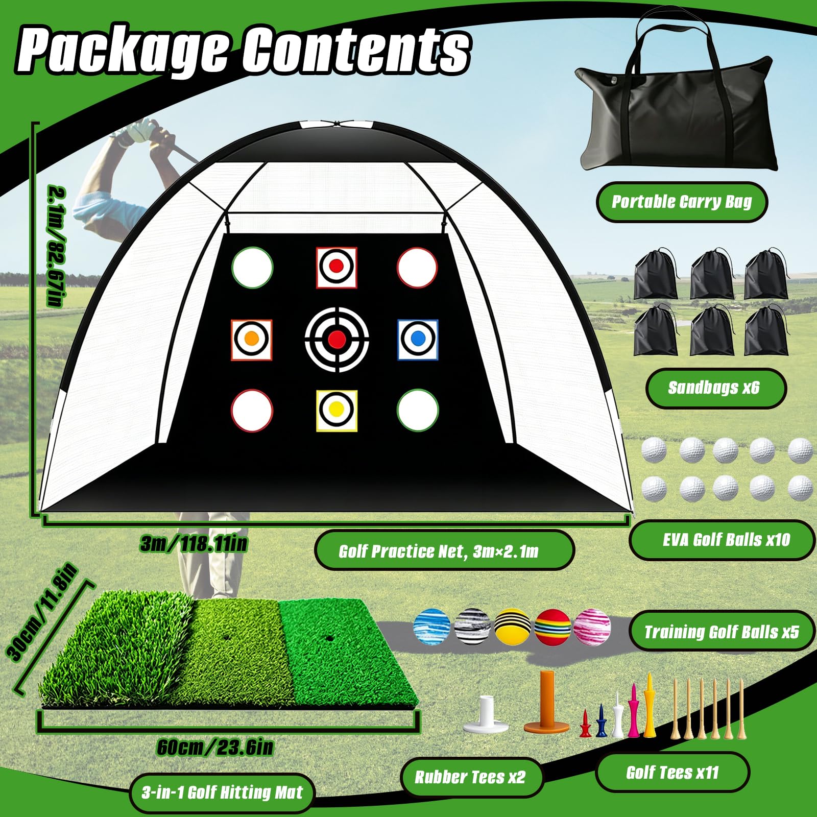Redes de Práctica de Golf 10x7 Pies, Red de Entrenamiento de Golf con Estera de Impacto para Interior y Exterior Patio Trasero, Red de Ayuda para Entrenamiento con Dianas
