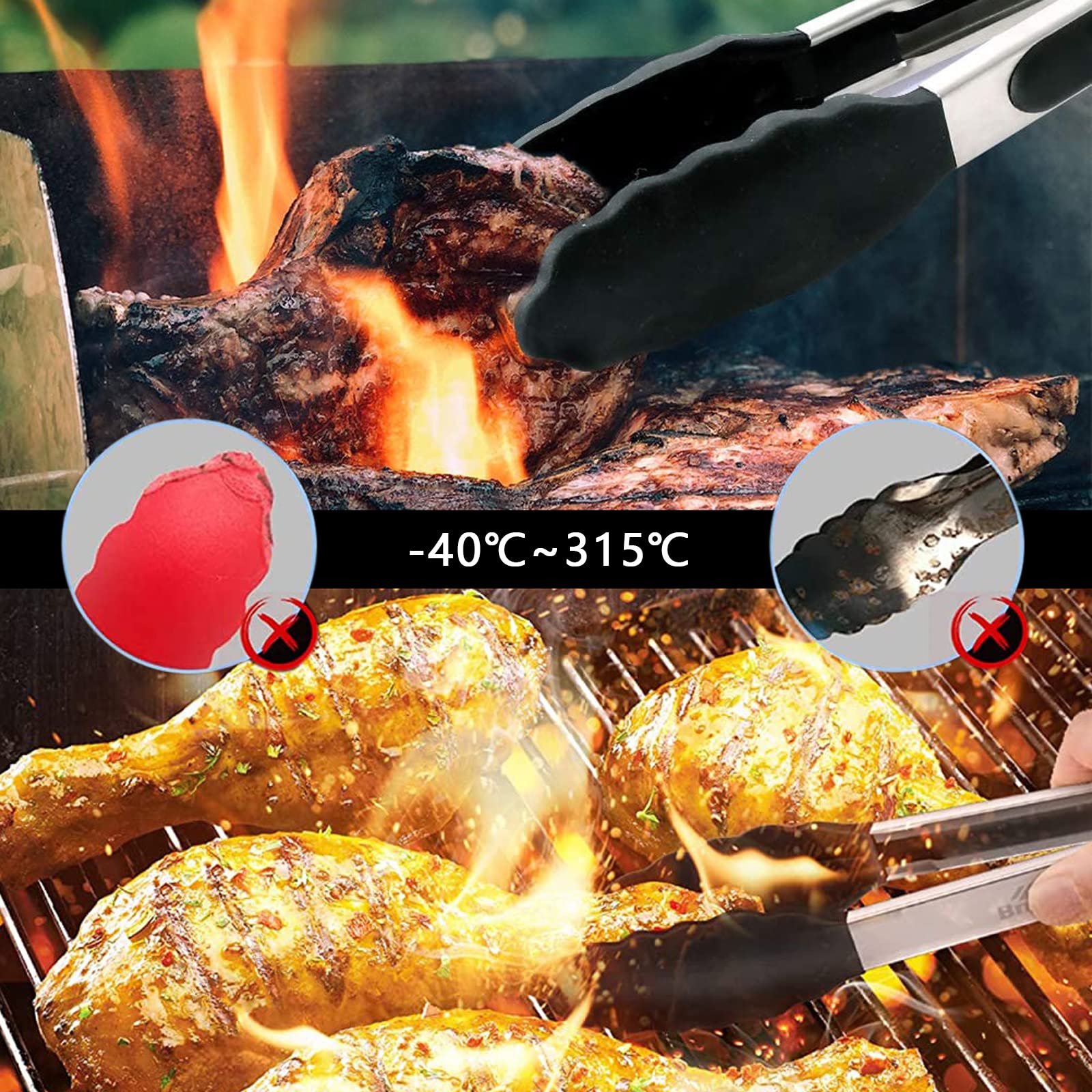 2 Pinze Da Cucina In Silicone 29cm - Antiaderente Per Barbecue, Griglia, Nero E Rosso