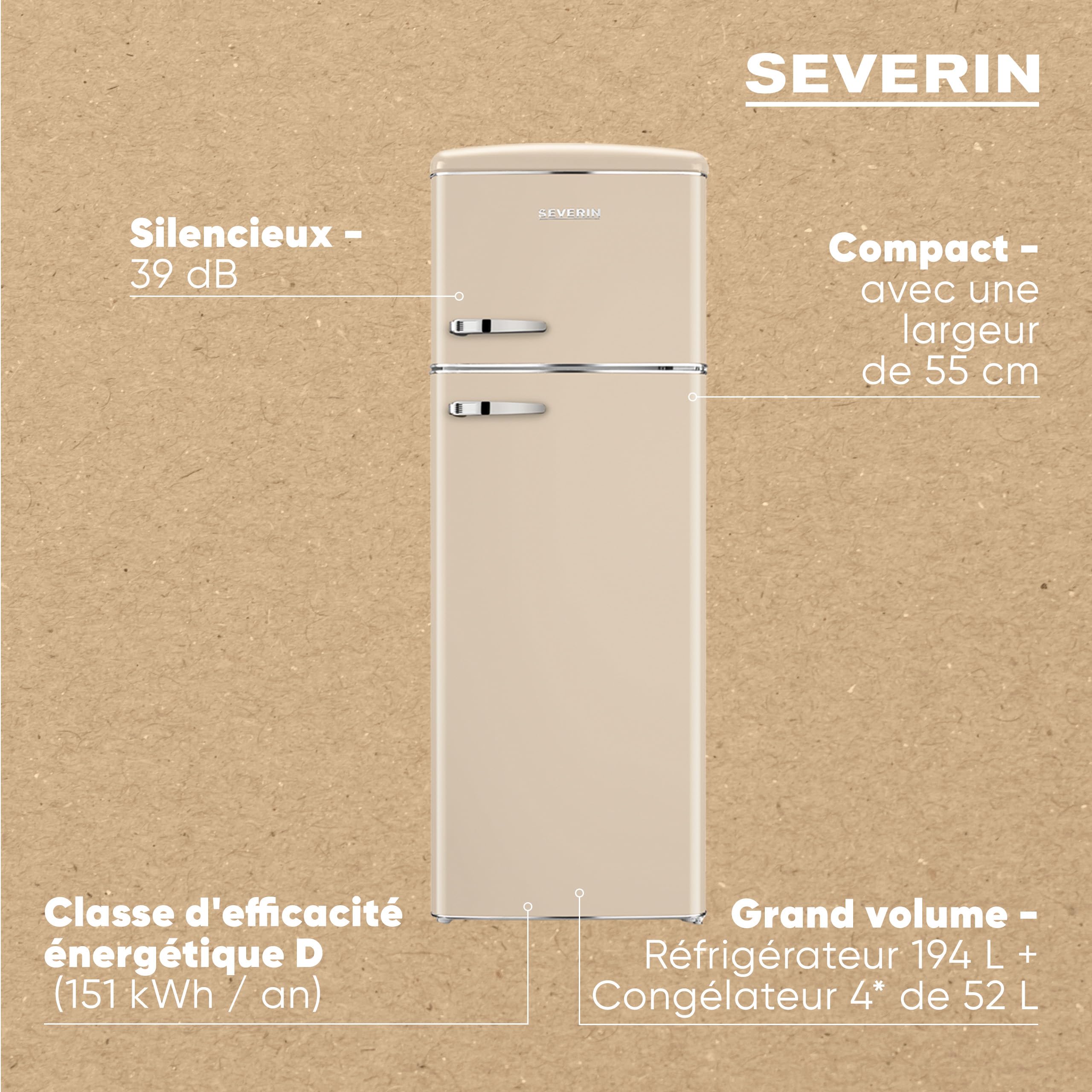 SEVERIN Réfrigérateur Congélateur 2 portes, Pose libre, Réfrigérateur Double Porte avec Congélateur Largeur 55 cm, 246 L, Classe D, Look Rétro, Crème, RKG 8985