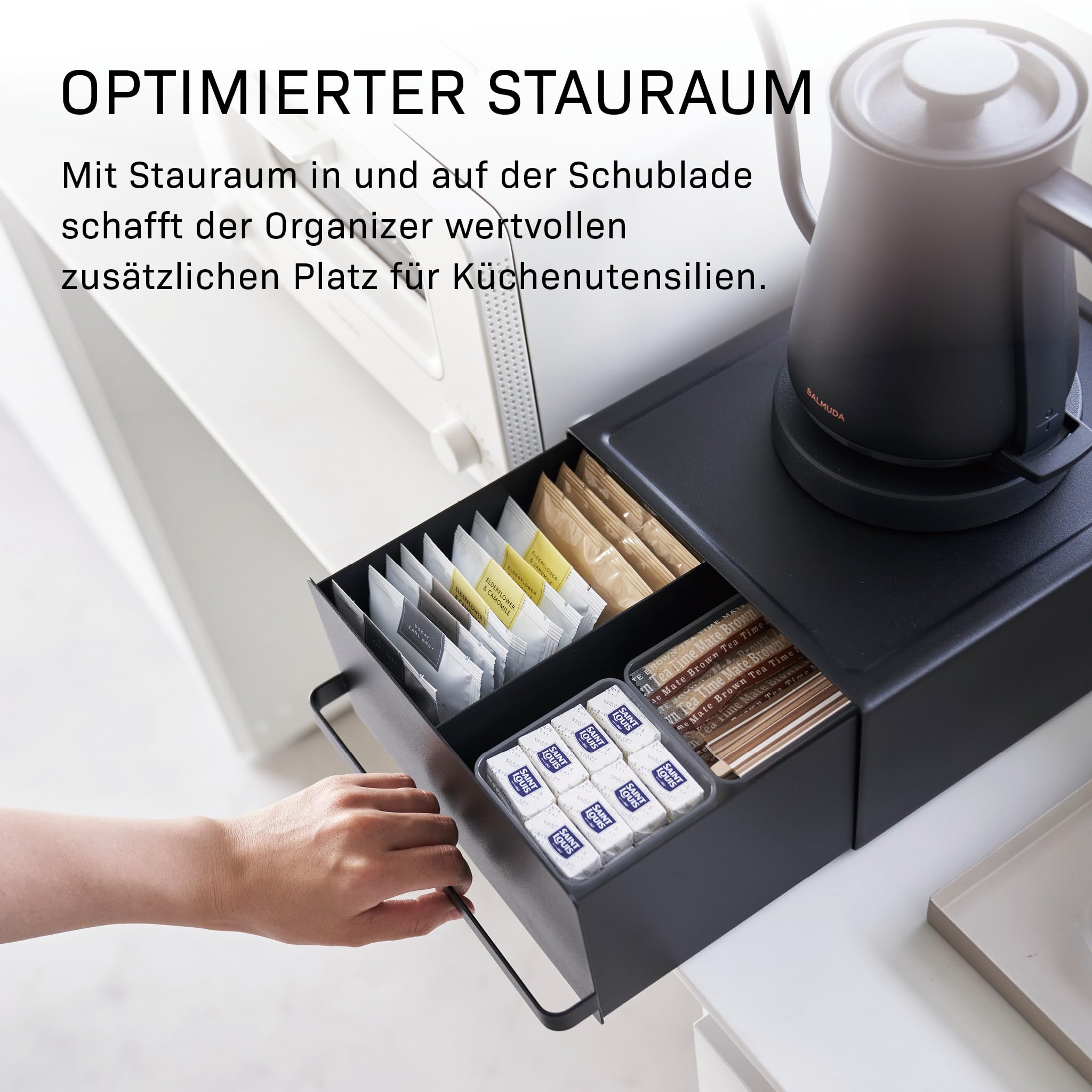 YAMAZAKI Tower Schublade für die Küchenzeile aus Stahl/Polypropylen - mit Trennwand, für Teebeutel/Kaffeekapseln - 27,5 x 22,2 x 11,5 cm, Japanisches Design, schwarz