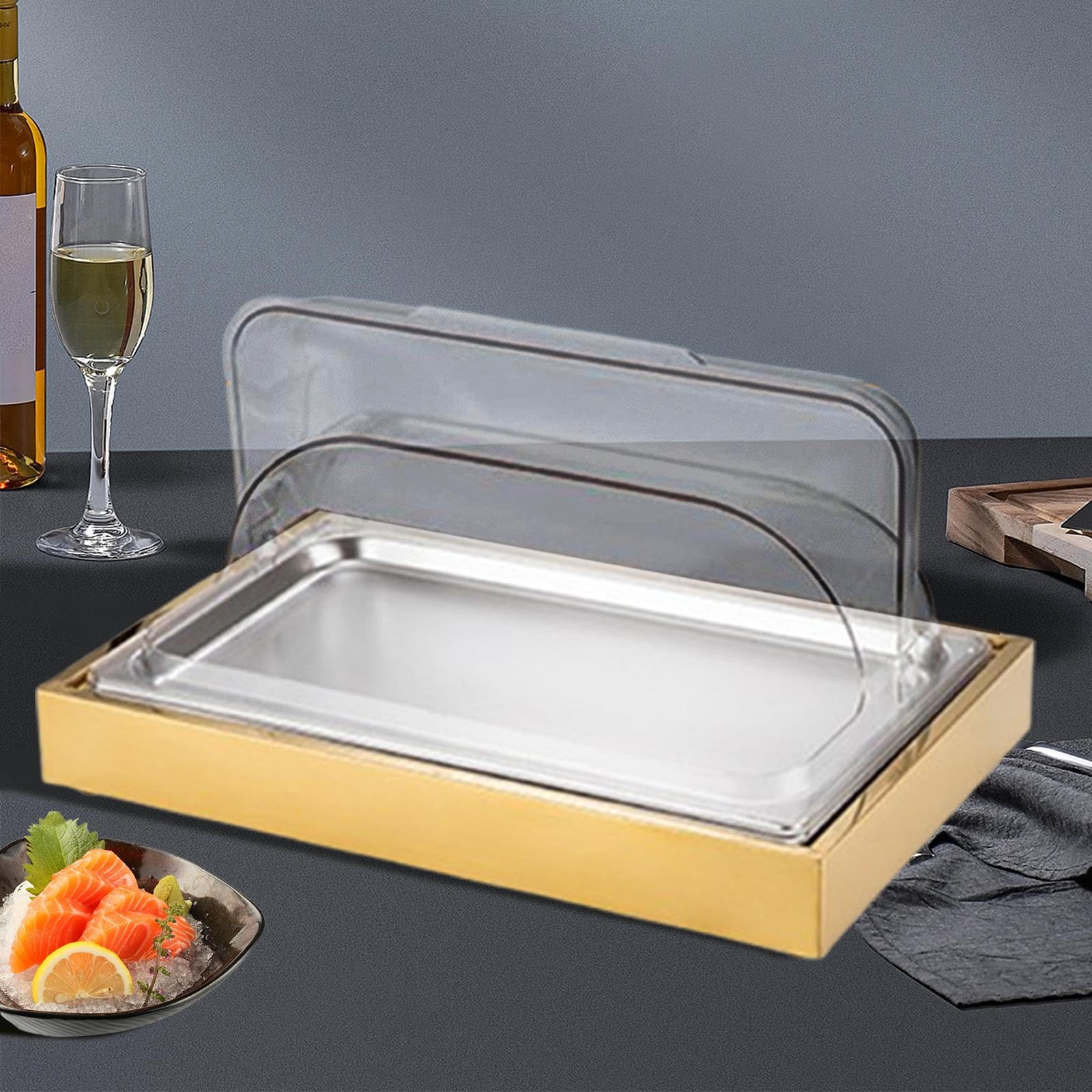 Qianly Bandeja Expositora para Servir Alimentos Fríos, Fácil de Limpiar, para Buffet de, con Tapa Enrollable Transparente, Ideal para Reuniones en H, Oro
