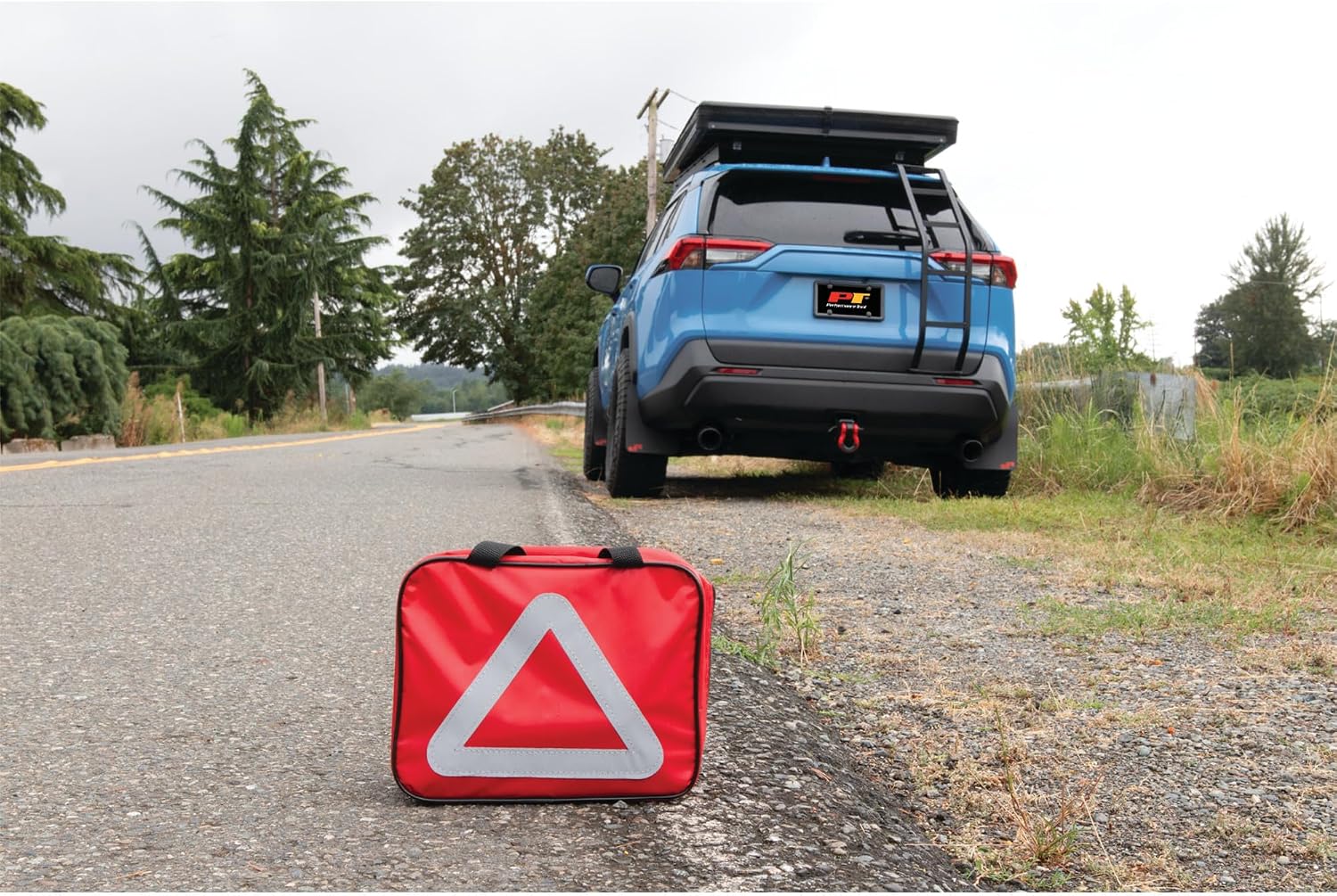 Performance Tool E00012 22 pc. Essential Roadside Assistance Kit: 12V Vortex Tire Inflator, Booster Cables, LED Flashlight, Safety Tools, Emergency Kit, Toolkit with Cable ties, Gloves, Storage Case