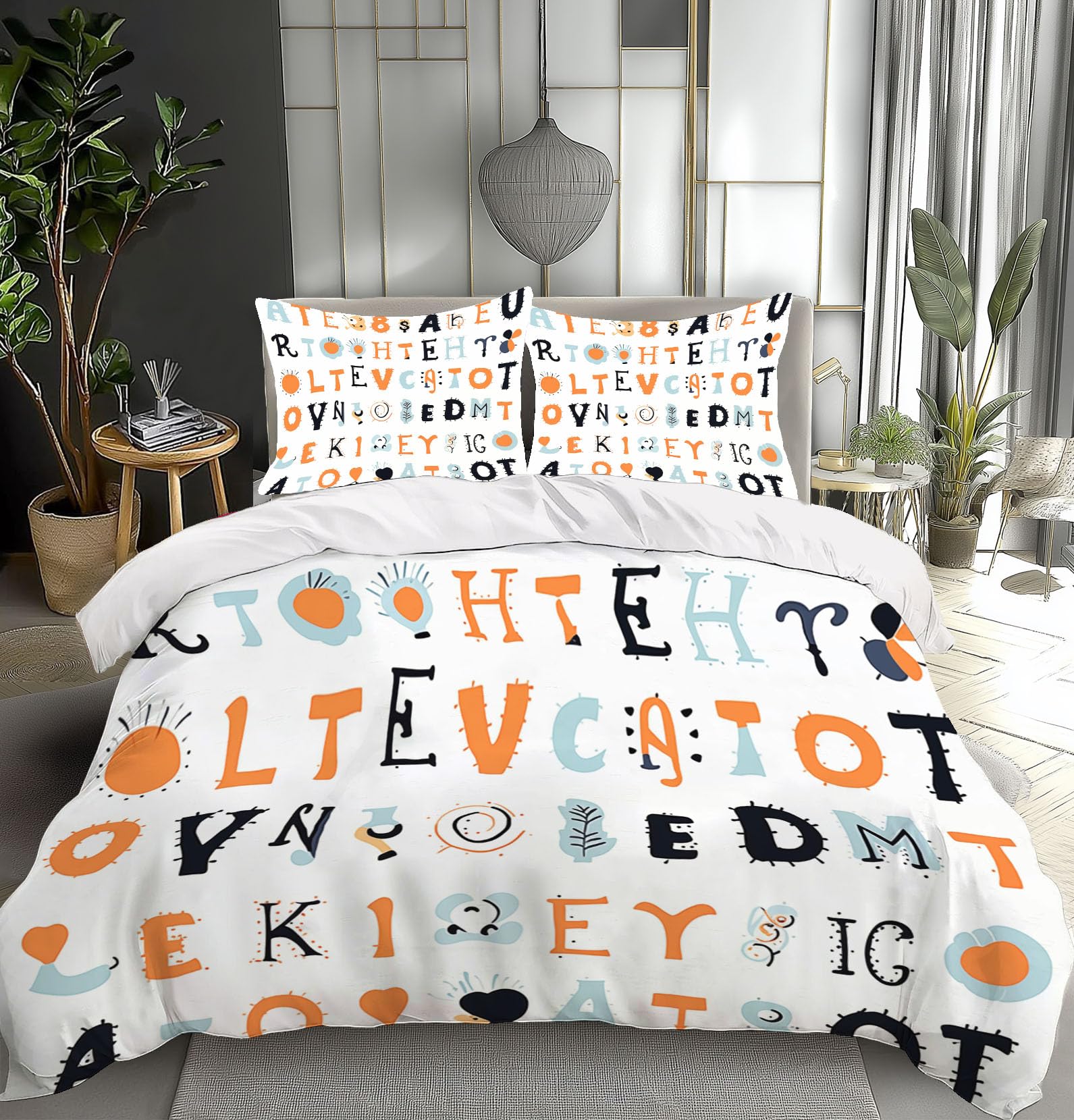 Housse de couette 200x200cm lettres anglaises signal blanc avec taies