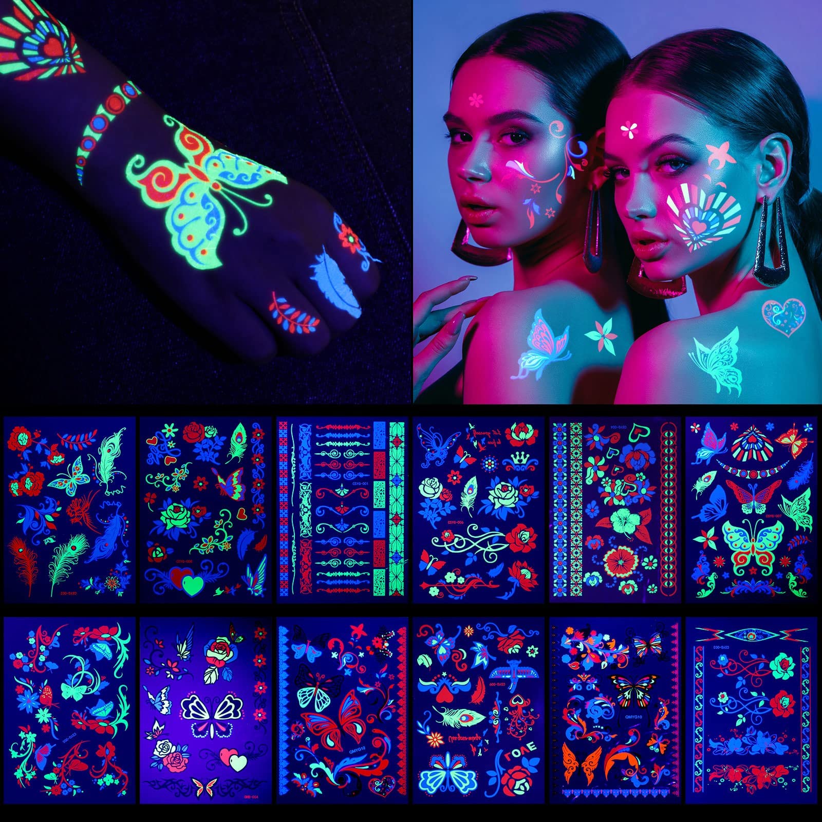 MAKINGTECMAKINGTEC 12 Sheets Temporary Tattoos, Large Glow In The Dark Tattoo Neon Temporary Makeup, Festival Accessory, Fake Face Butterfly Tattoo UV Blacklight For Women Party Supplies (Butterfly Style)
