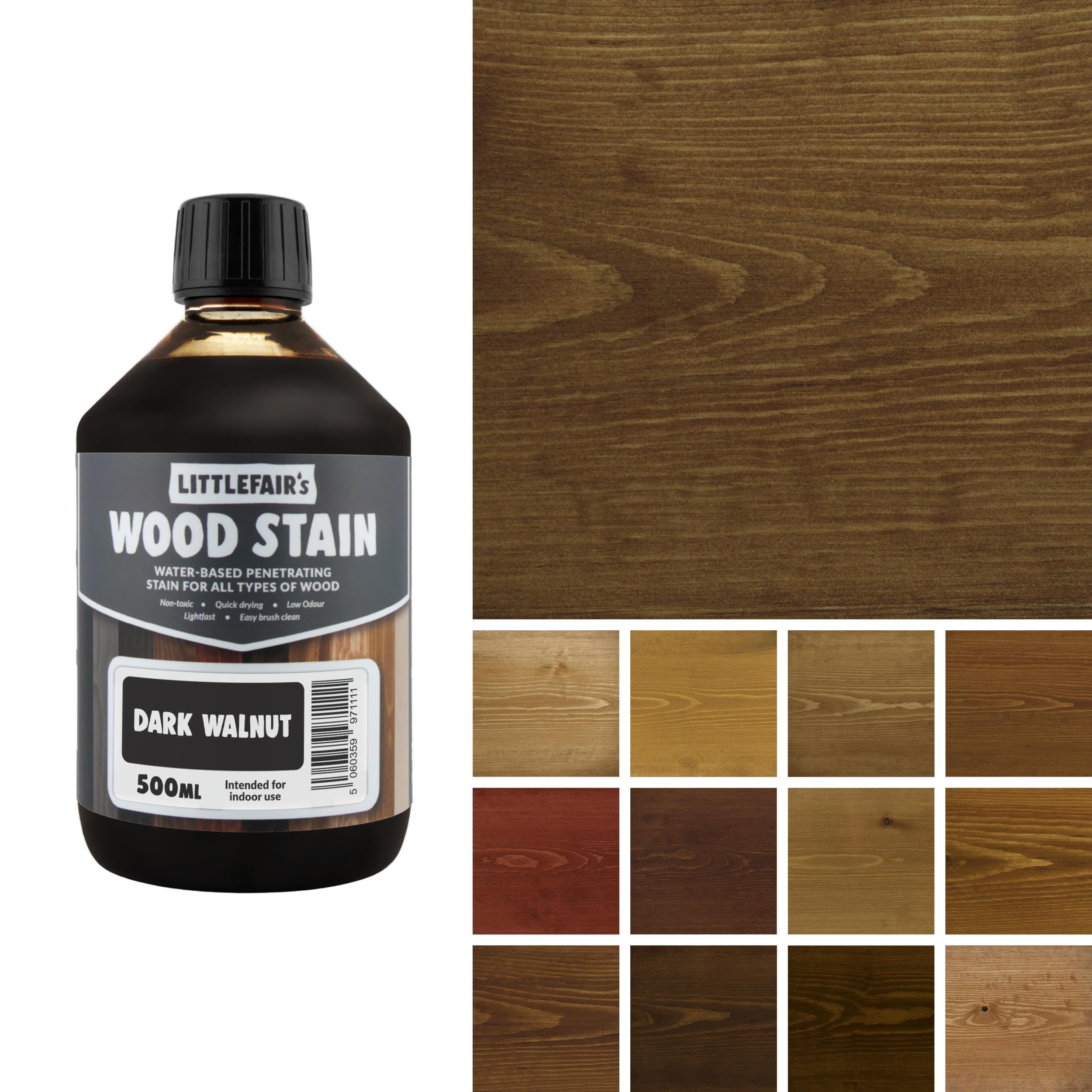 Littlefair's Wood Stain Water Based - 16.9oz/500ml - Indoor Furniture Stain Light & Dark Finishes - Special Non Toxic & Eco Friendly Formula - Wood Stain for Crafts - Color: Dark Walnut