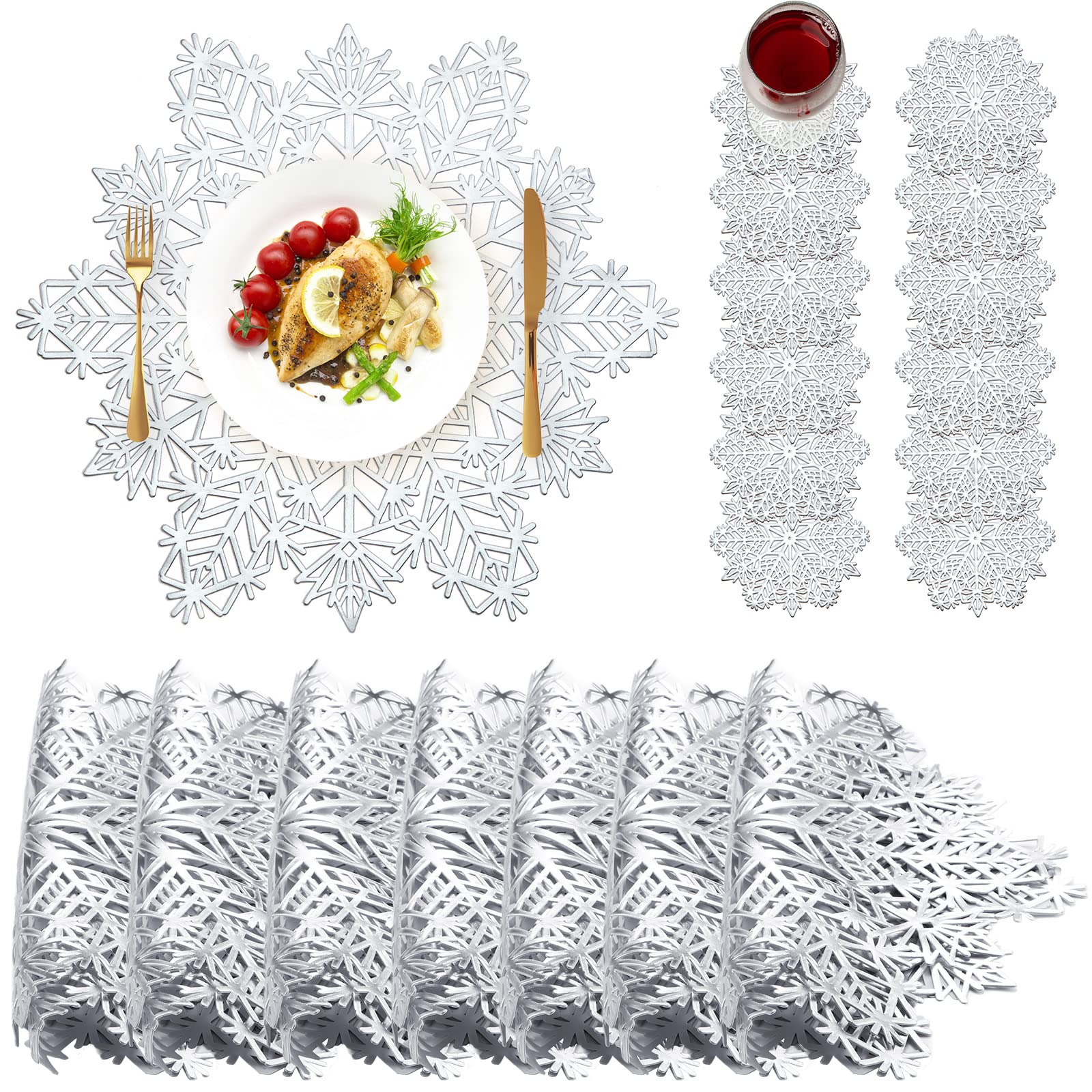 Sieral Snowflake Placemats and Coasters Set Pressed Vinyl 15 Inch Placemats and 4 Inch Coasters, Snowflake Table Placemats for Christmas Winter Wedding Party Dinner Table Decoration(Silver, 24 Sets)