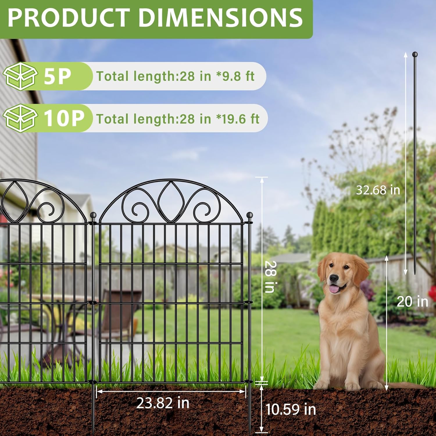 10 Panels No Dig Decorative Garden Fence Panel – 28" H X 19.6' L Rustproof Metal Dog Fence Outdoor for Yard, Animal Barrier Fence for Pet, Garden Border, Patio, Flower Beds| Temporary Fencing