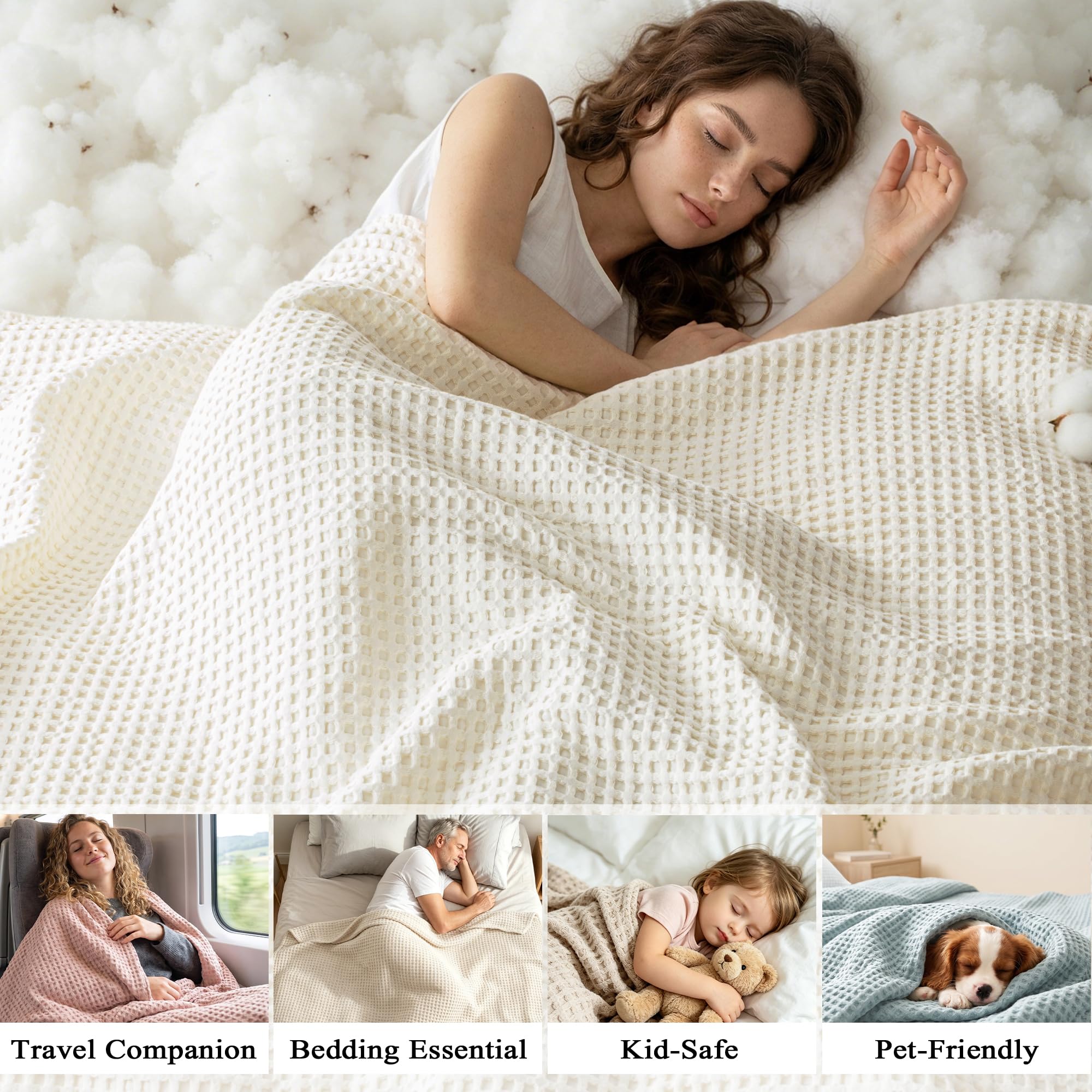 Exclusivo Mezcla 100% Baumwolldecke Tagesdecke für Sommer 230x270 cm | Baumwolle Decke als Bettüberwurf mit Waffelmuster, Sommerdecke, Weich, Leicht und Atmungsaktiv, für Bett und Sofa, Elfenbein