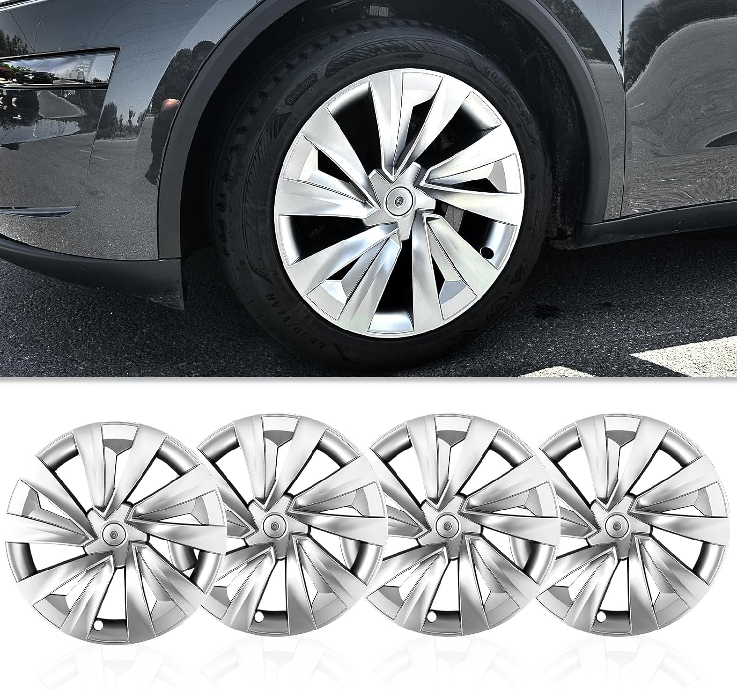 2025+ Model Y Juniper 19" Wheel Cover Aerodynamic Twisted Star Hubcaps 4 PCS, Silver ABS Silver Hubcaps with Snap-On Wheelcover Hub Caps Protect Hubs 28-Silver