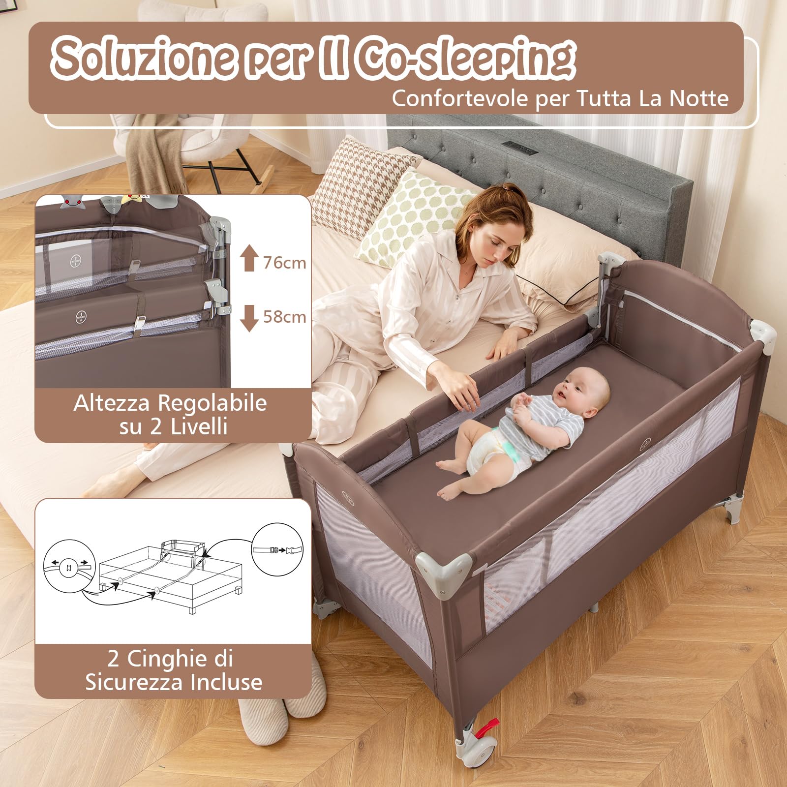 RELAX4LIFE 5 in 1 Lettino da Campeggio per Bambini, Culla Neonato con Fasciatoio e Cingia Fissagio, Carillon e 3 Giocattoli Appesi, Adatto a Bambini da 0-36 Mesi (Marrone)