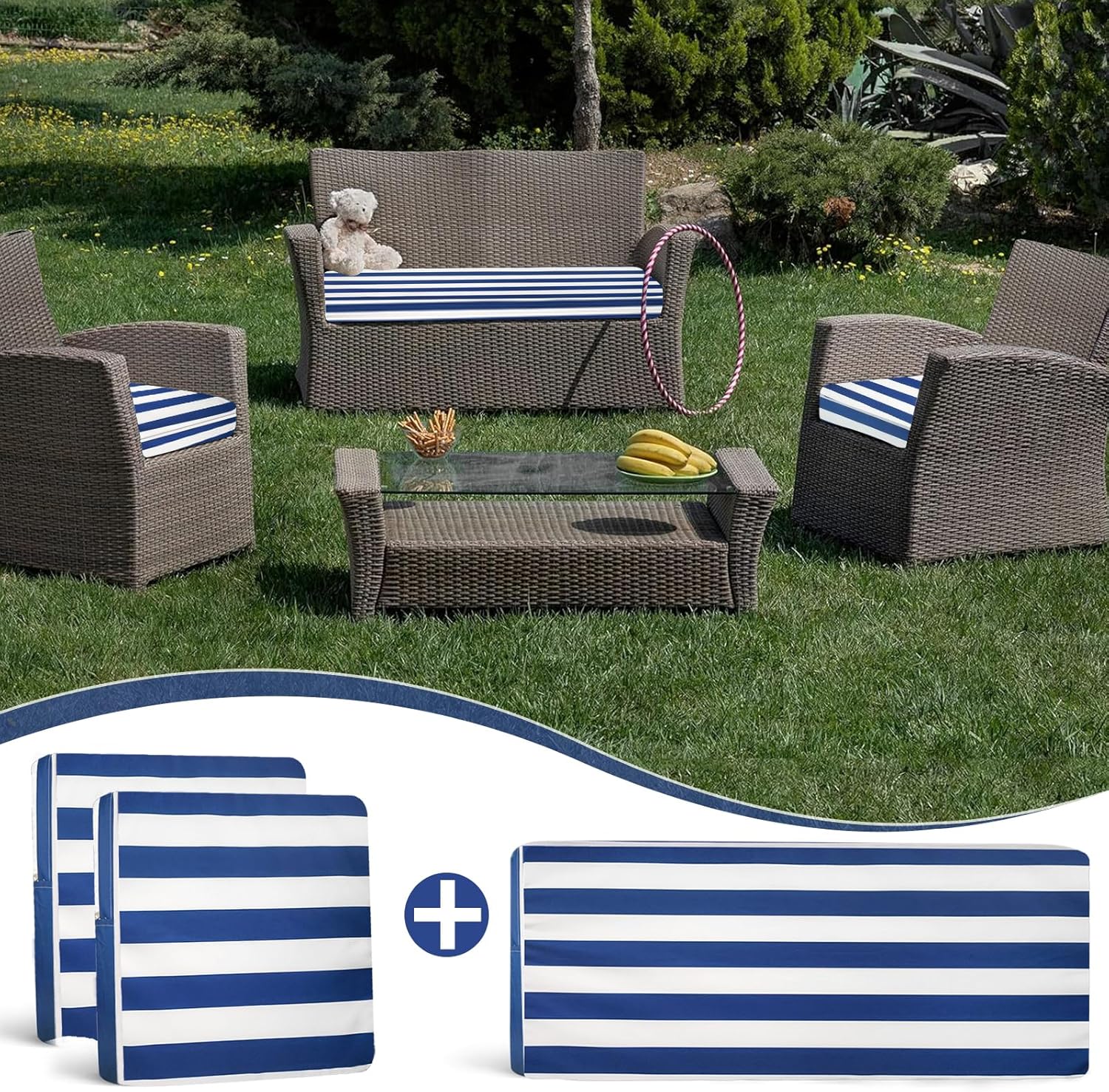 Outdoor Patio Furniture Cushion Covers, Waterproof Replacement Covers for 4-Piece Rattan Chair Wicker Furniture Set Blue and White Striped 3Pack 36x18 and 18x18 inches Cover Only