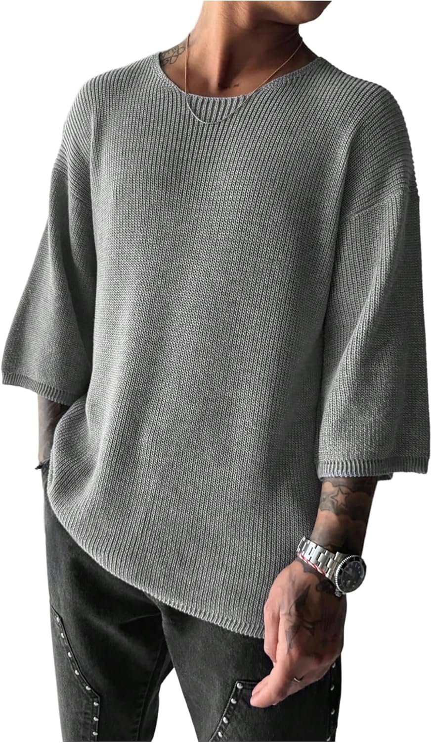 SHENHE Men's Oversized Sweater Pullover Crewneck 3/4 Sleeve Baggy Knit Jumper Streetwear