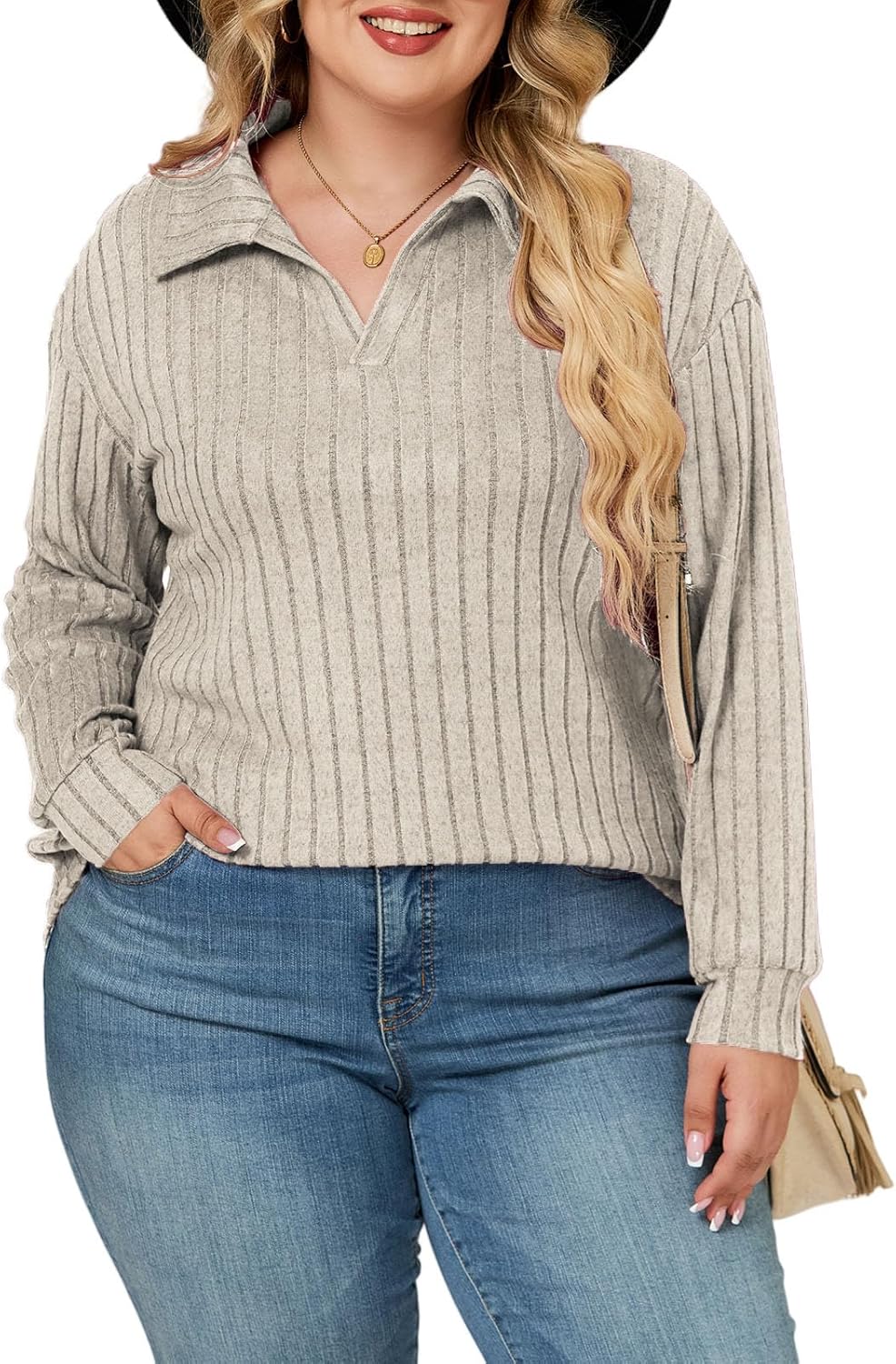 ROSRISS Plus Size Tops for Women Casual Knit Sweaters Going Out Lapel V Neck T-Shirts Lightweight Long Sleeve Blouses - Image 2