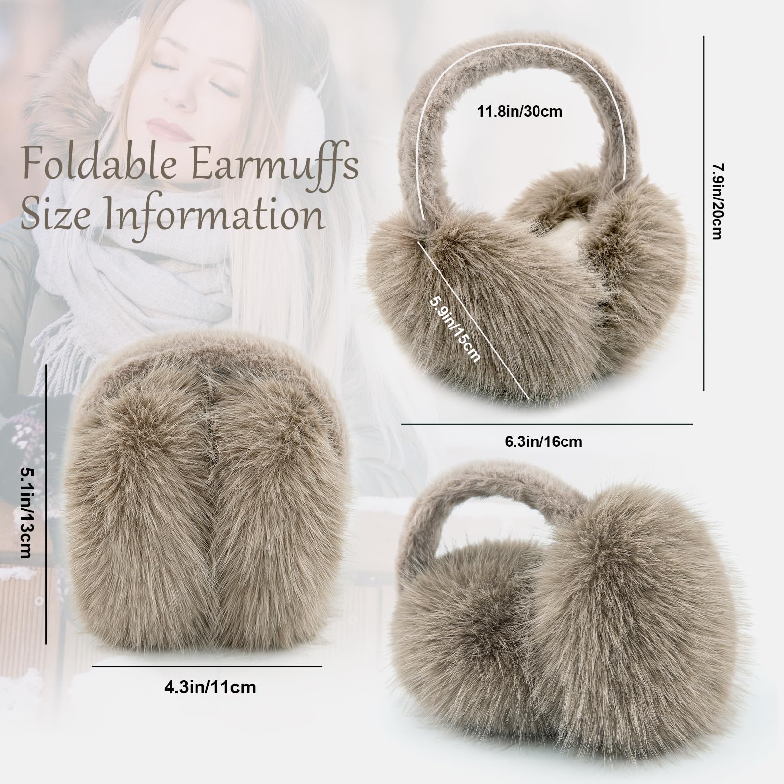 WATAME Earmuffs for Women Girls Faux Fur Fuzzy Headband Foldable Ear Covers Cold Weather Accessory: Brown