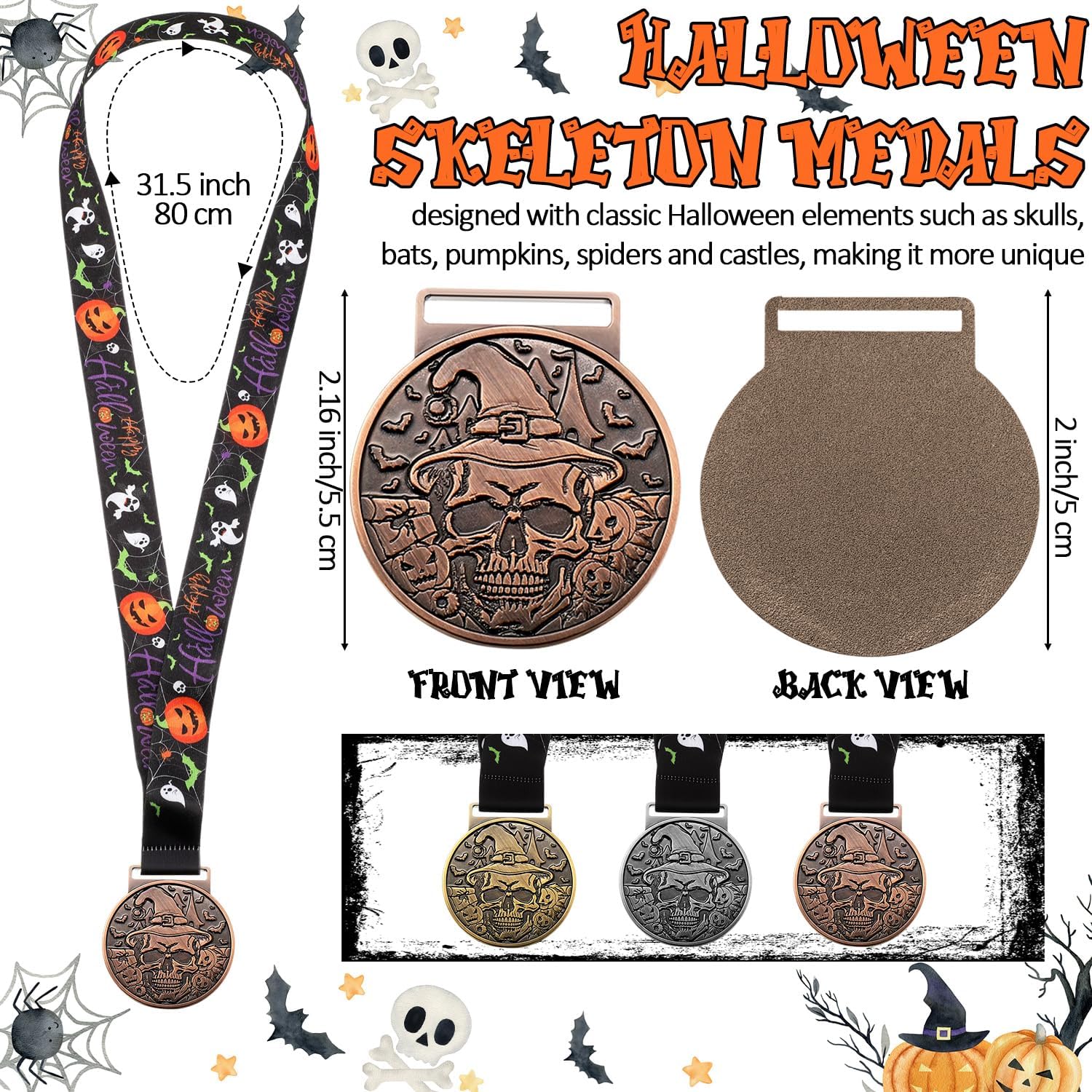 30 Pcs Halloween Medals Awards 2″ Skeleton Trophy Medals Bulk with Neck Ribbon Golden Best Costume Trophy Award for Halloween Party Prizes Skeleton Costume Contest
