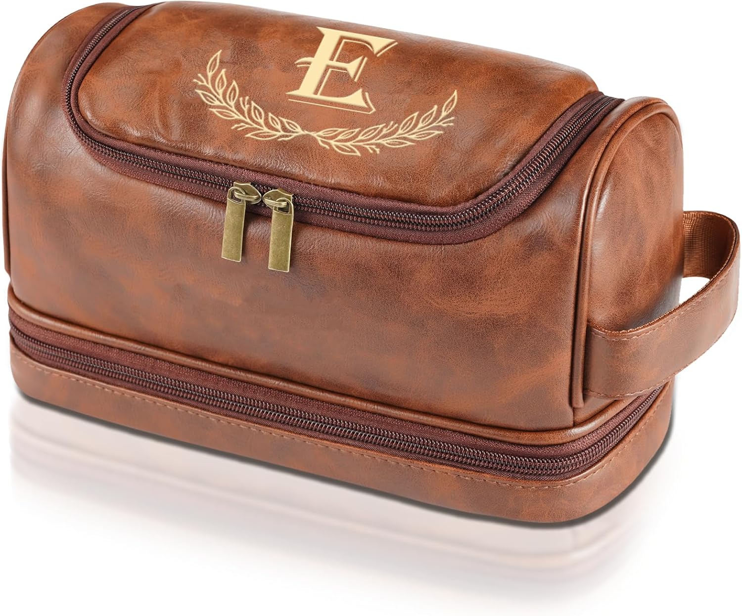 Sparklove Personalized Gifts for Men - Personalized Initial Toiletry Bag with Laser Engraved Monogram - Leather Travel Kit Shaving Organizer - Unique Present for Him, Husband, Boyfriend, Dad （E）