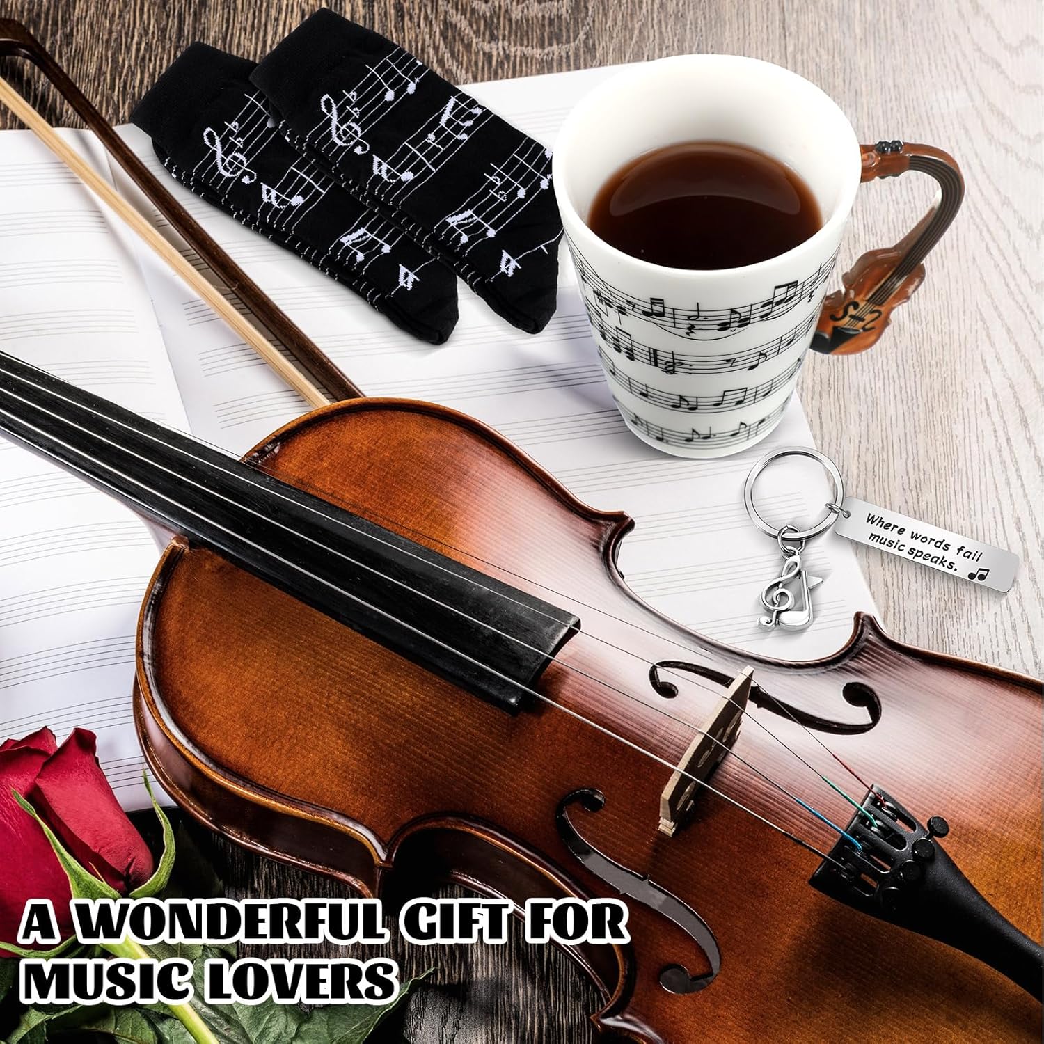 Tioncy 4 Pcs Music Lover Teacher Gifts, Music Coffee Mug Cup with Lid, Note Socks, Keychain, Red Gift Box for Graduation Birthday Christmas Students Men Women Band Teacher Musician(Violin) - Image 5