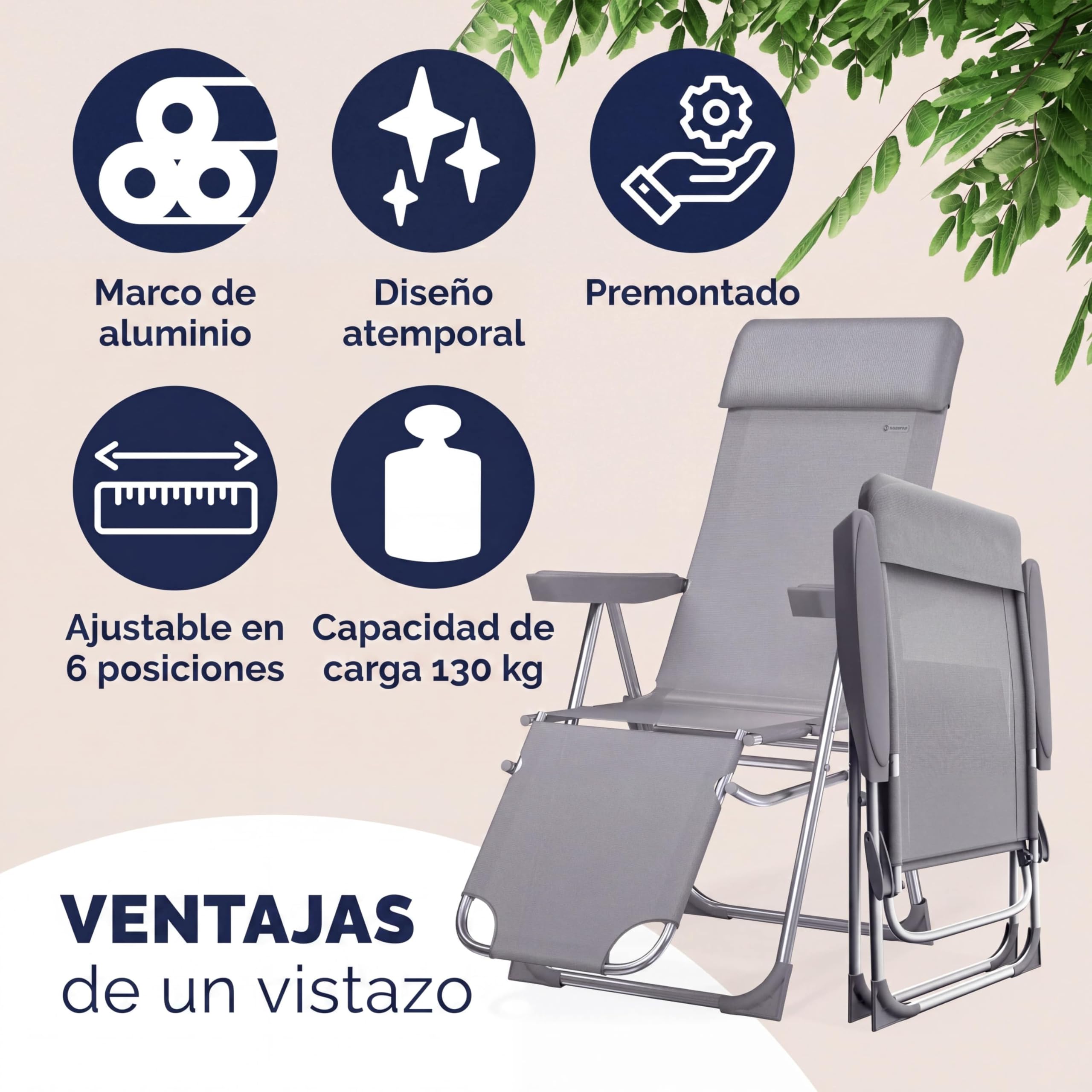 CASARIA® Sillas Gravedad Cero Plegables Set de 2 Reclinables Respaldo Alto Ajustable en 6 Posiciones Estructura Aluminio Exterior Jardín Balcón Playa Gris